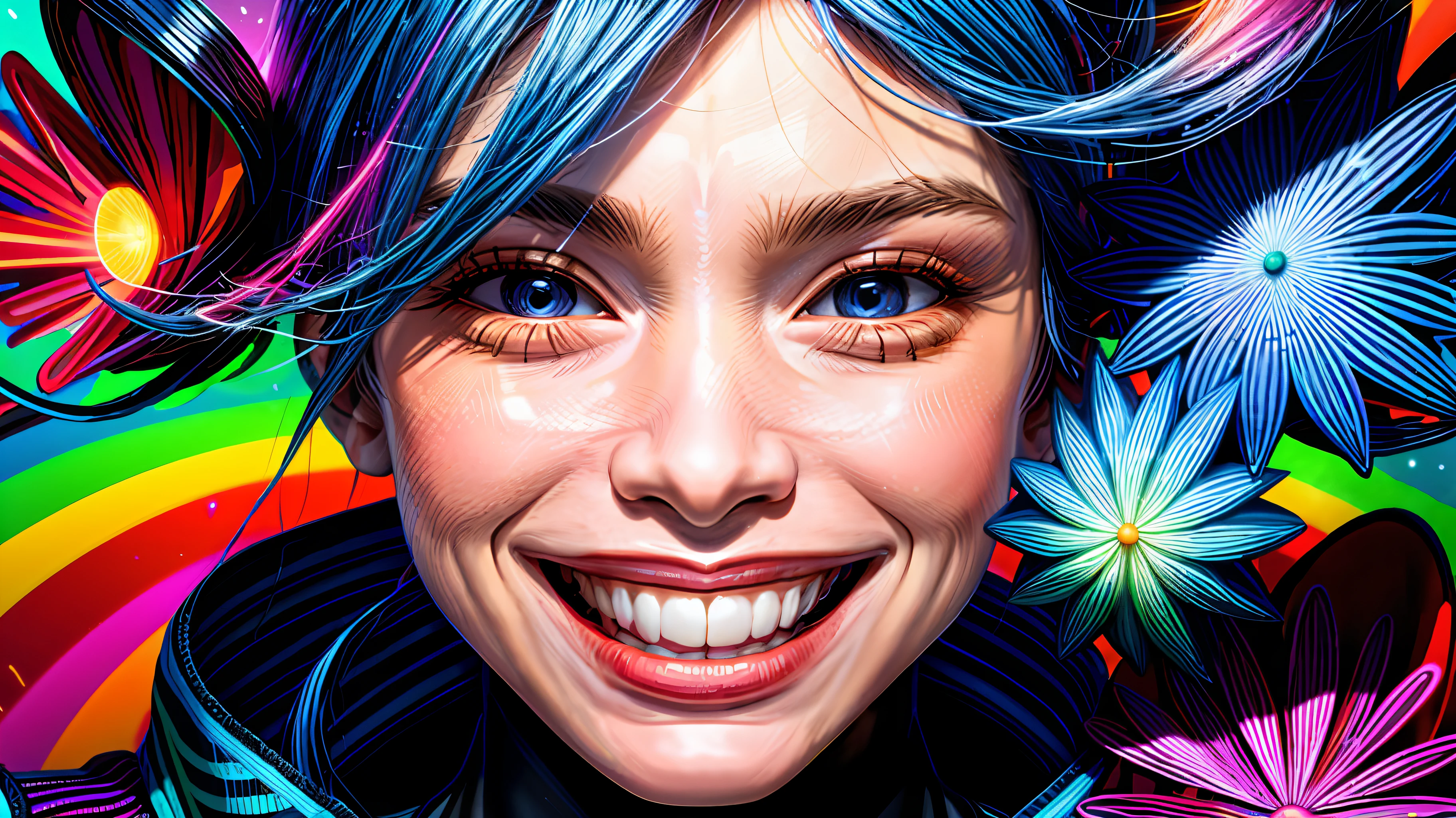 (close-up), portrait, portrait, (((BIG SMILE))), (solo), masterpiece, best quality, high contrast clothing, psychedelic, [[[lsd]]], particles, bloom, neon lighting, (brightness), flat color, color splashes, color mixing