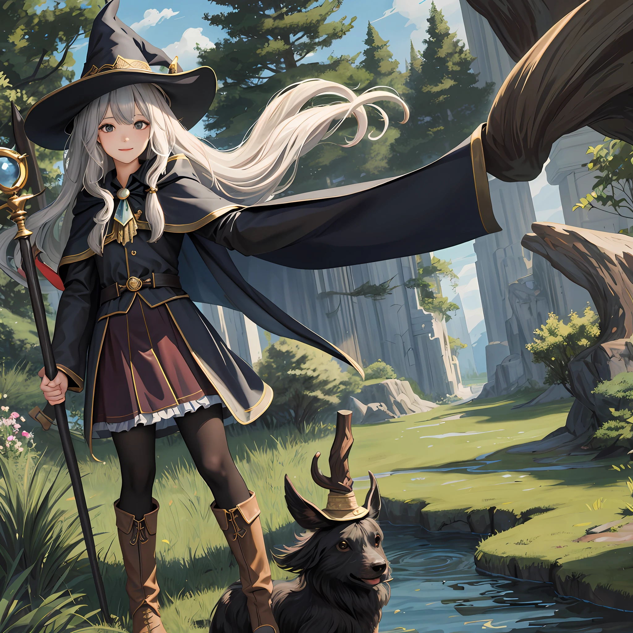 masterpiece, best quality, looking at viewer, wavy hair, fringe, long hair, fantasy, wizard, outdoors, staff, cape, hat, black_pantyhose, boots,
medium skirt,