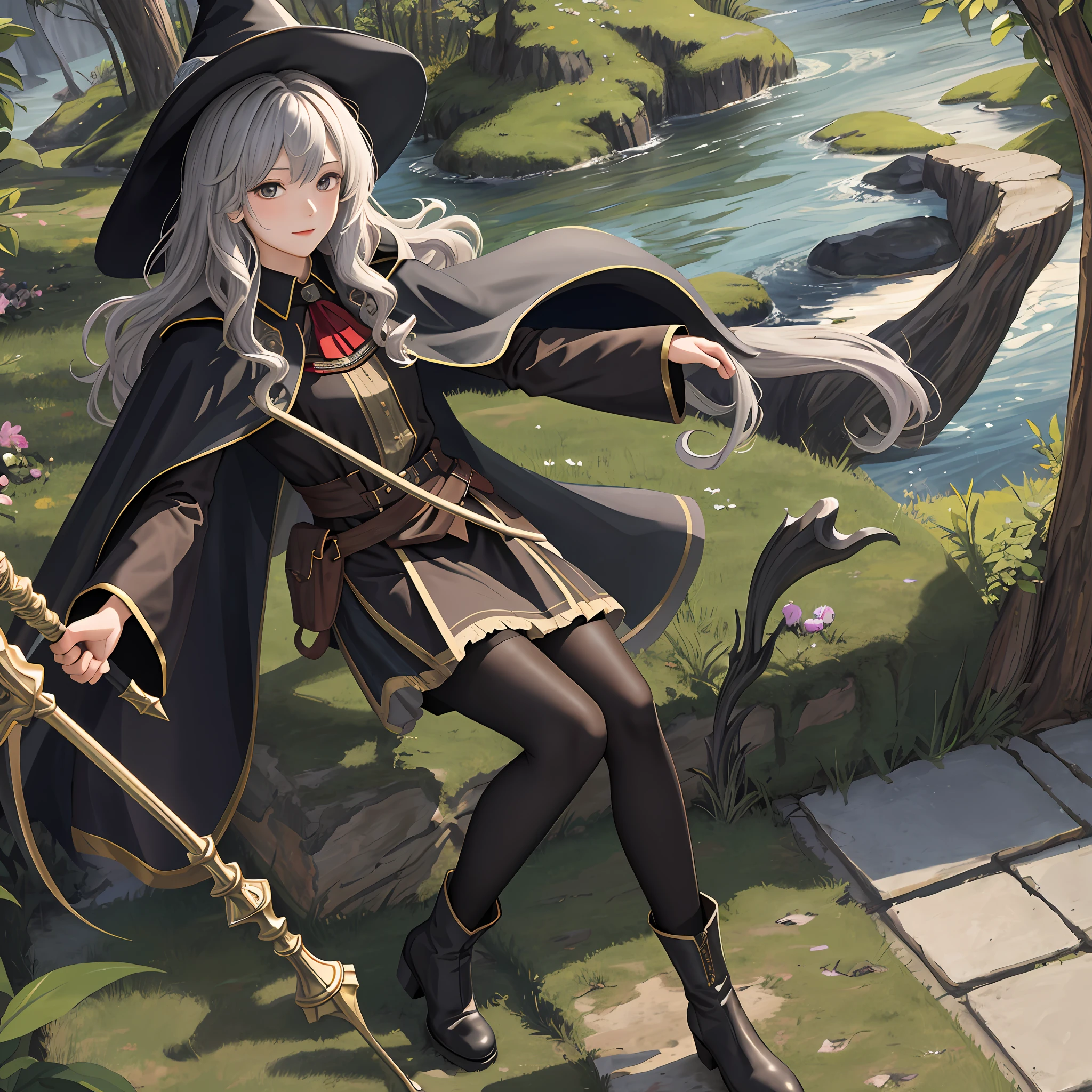 masterpiece, best quality, looking at viewer, wavy hair, fringe, long hair, fantasy, wizard, outdoors, staff, cape, hat, black_pantyhose, boots,
medium skirt,