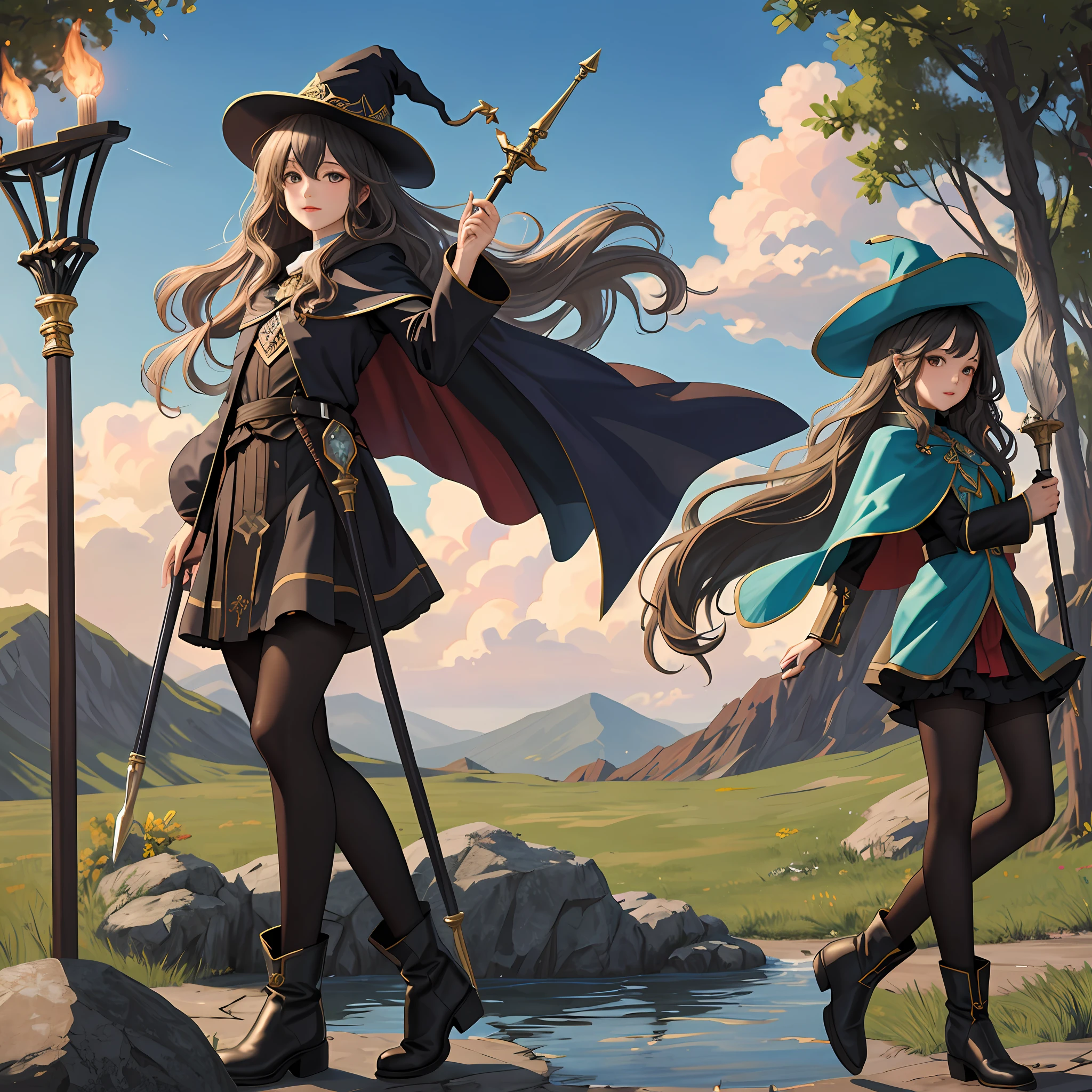 masterpiece, best quality, looking at viewer, wavy hair, fringe, long hair, fantasy, wizard, outdoors, staff, cape, hat, black_pantyhose, boots,
medium skirt,