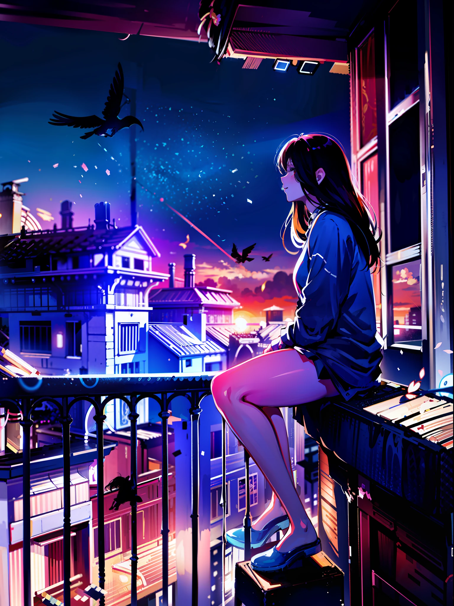 "Woman sitting on balcony and  watching sunset on rooftop, anime style, rooftop of skyscraper, 4K cartoon wallpaper. The color scheme dyed in the sunset feels romantic. The two women pose calmly and sit on the window sill. Animated wallpapers painted in a romantic atmosphere on the rooftop, high definition, detailed shadows and lights. The beauty of Loffy Girl is more pronounced.