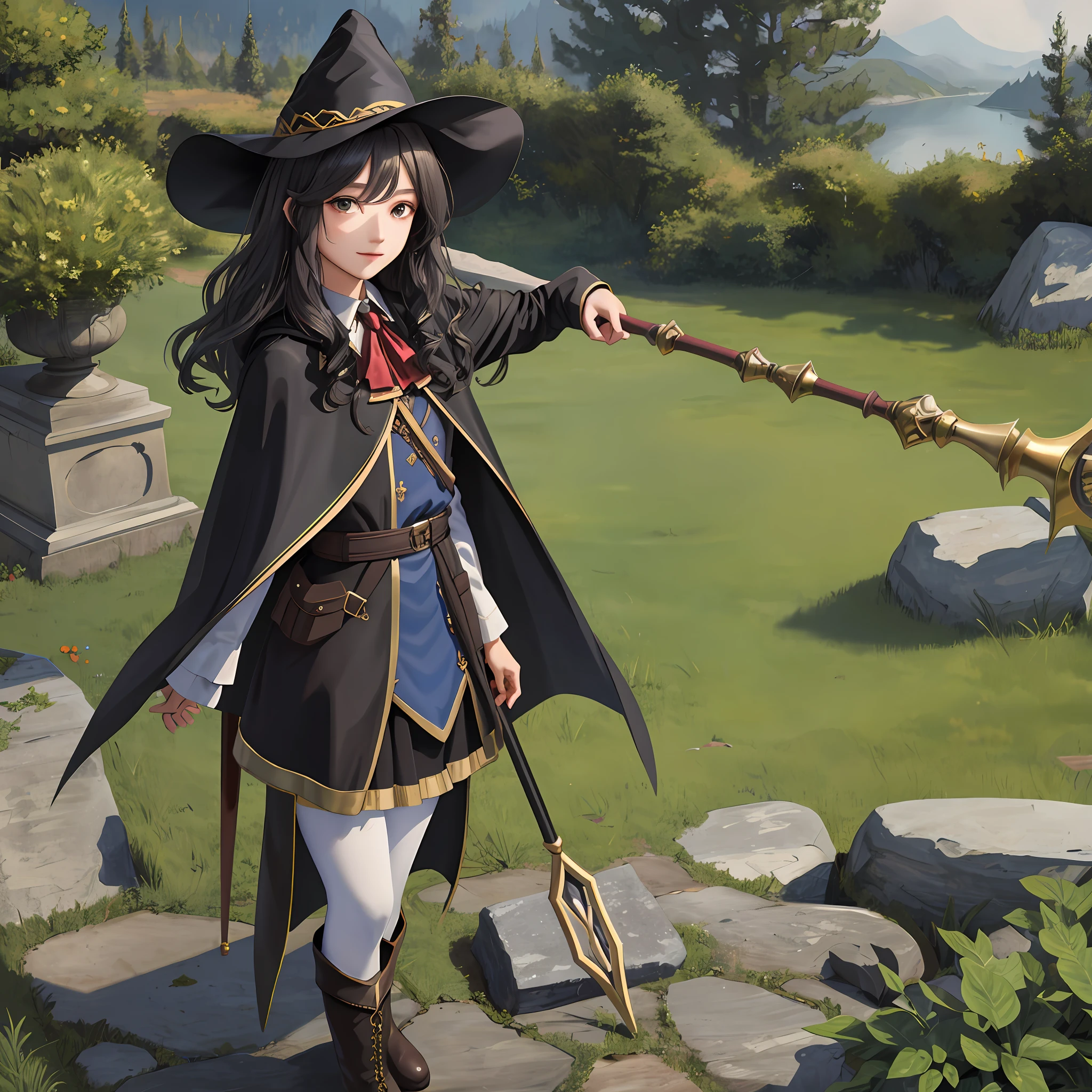 masterpiece, best quality, looking at viewer, wavy hair, fringe, long hair, fantasy, wizard, outdoors, staff, cape, hat, black_pantyhose, boots,
medium skirt,