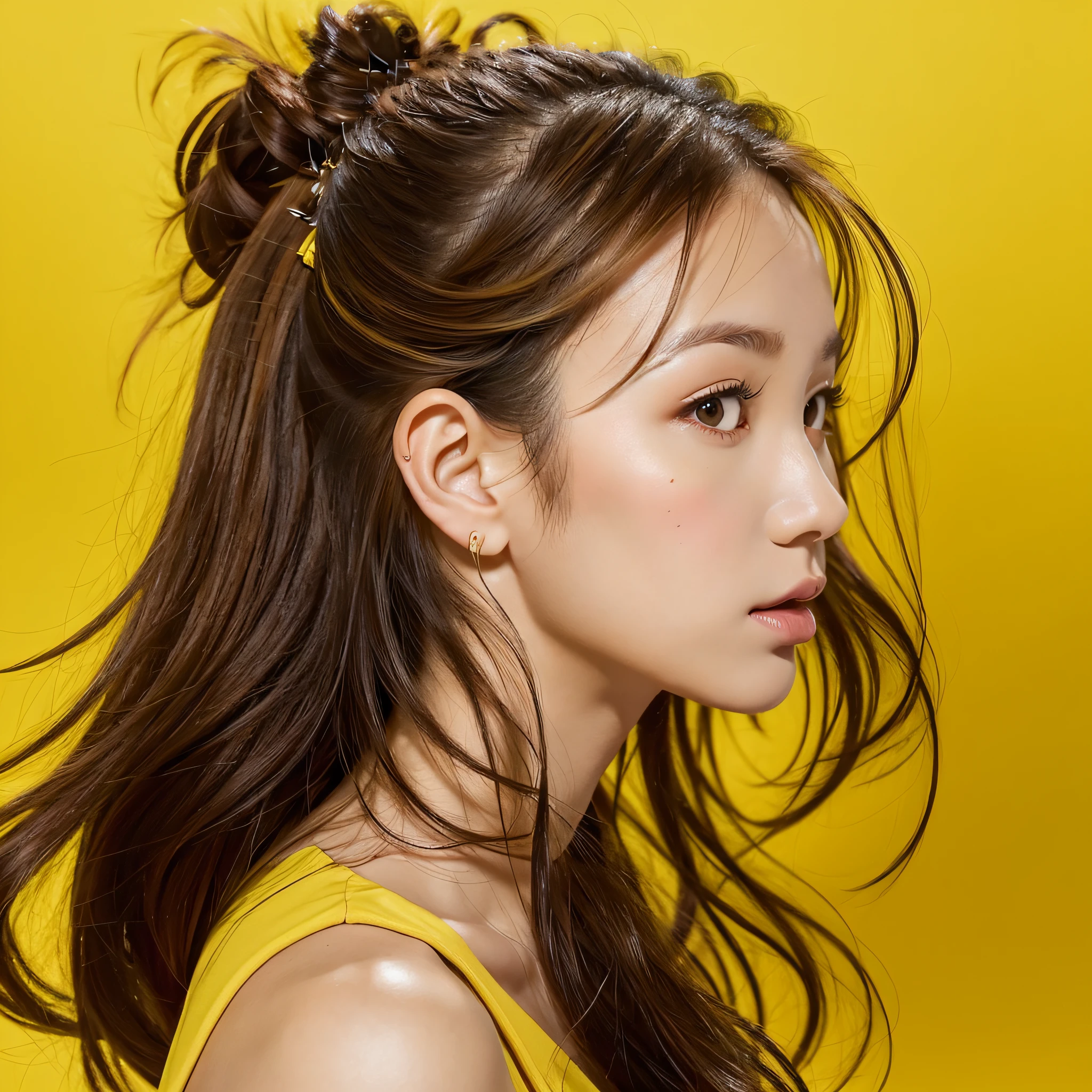 astor piece, top quality, girl one, profile, stunning face, yellow background, blurry,