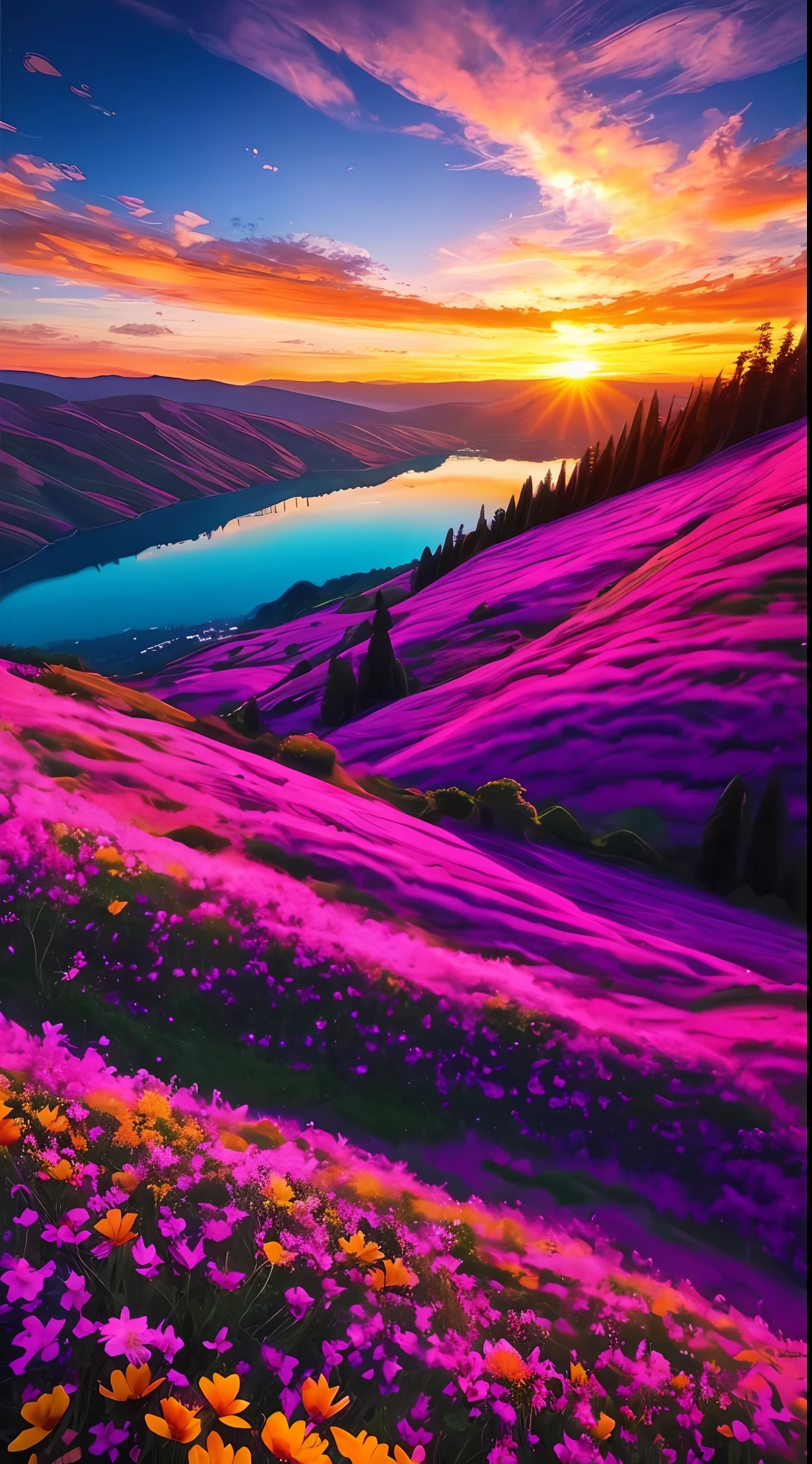 There is a beautiful sunset, the hillside is covered with flowers and plants, the flowers are up close, the colorful sky, the surreal colors, the colorful sunsets, the colorful sky, the marvelous sky reflection, the amazing sky, the fantastic atmosphere 8K, the colorful clouds, the color reflection on the lake, the surreal sky, the red and blue reflection, the fire reflection, the beautiful sky, the beautiful and spectacular dusk, the beautiful dream landscape, the amazing sky