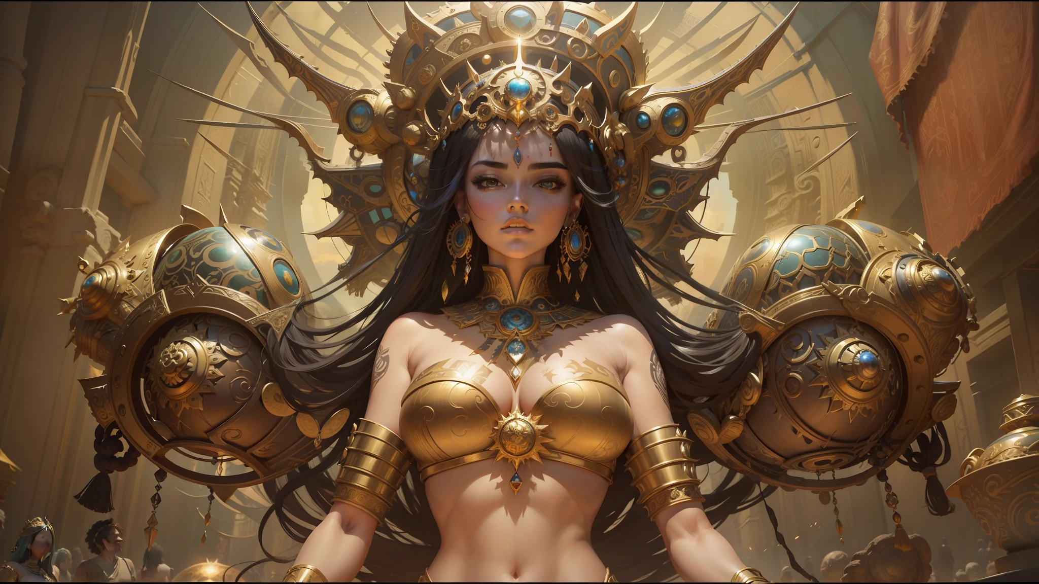 painting of a woman with a large headpiece and a large body, psytrance and giger, trending on artstattion, john stephens, goddess of the sun, biomechanical oppai, cgsociety and fenghua zhong, mark brooks detailed, aztec queen, “ golden chalice, esteban maroto, overwhelming depth and detail --auto --s2