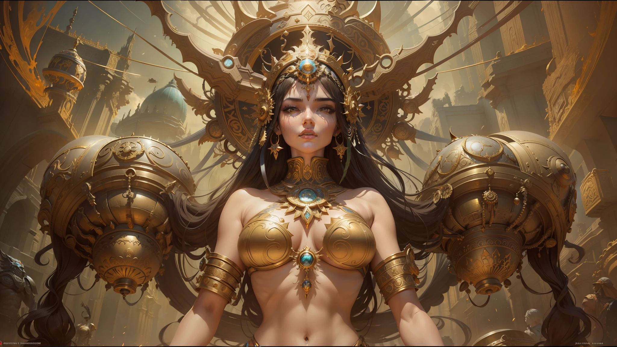 painting of a woman with a large headpiece and a large body, psytrance and giger, trending on artstattion, john stephens, goddess of the sun, biomechanical oppai, cgsociety and fenghua zhong, mark brooks detailed, aztec queen, “ golden chalice, esteban maroto, overwhelming depth and detail --auto --s2