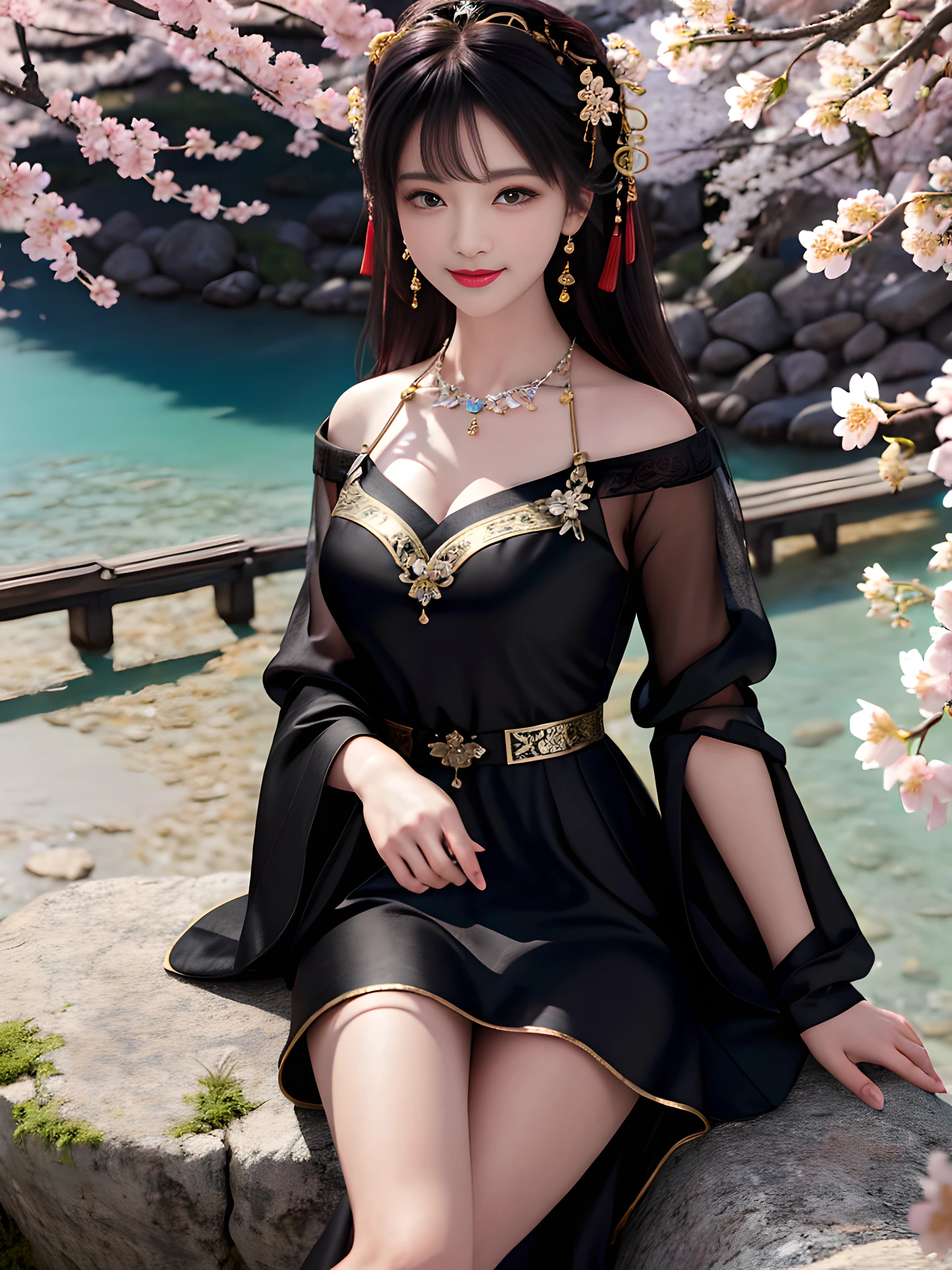 (((A girl))), ((solo)), (Best quality: 1.4), Masterpiece, High quality, High resolution, Excellent, Photo, 8k, wallpaper, very realistic and realistic, sitting on stone, (blush), star pupil, (realistic face), (high detail face), smile, healing smile, cherry lips, bright big eyes, delicate eyelashes, beautiful face, beautiful and delicate face, (realistic skin), soft light, Chinese Ming dynasty Hanfu, (((black dress))), ( Short skirt), (bandeau), (cleavage), (large chest), leaky shoulders, (leaky legs), long sleeves, (long hair), (bangs), (hair accessories), jewelry, necklaces, jewelry, beauty, ((mountain), (lake), (cherry blossom bloom)), high detail background, 8k, HDR, DSLR, high quality, voyeur, photo, high resolution, 4k