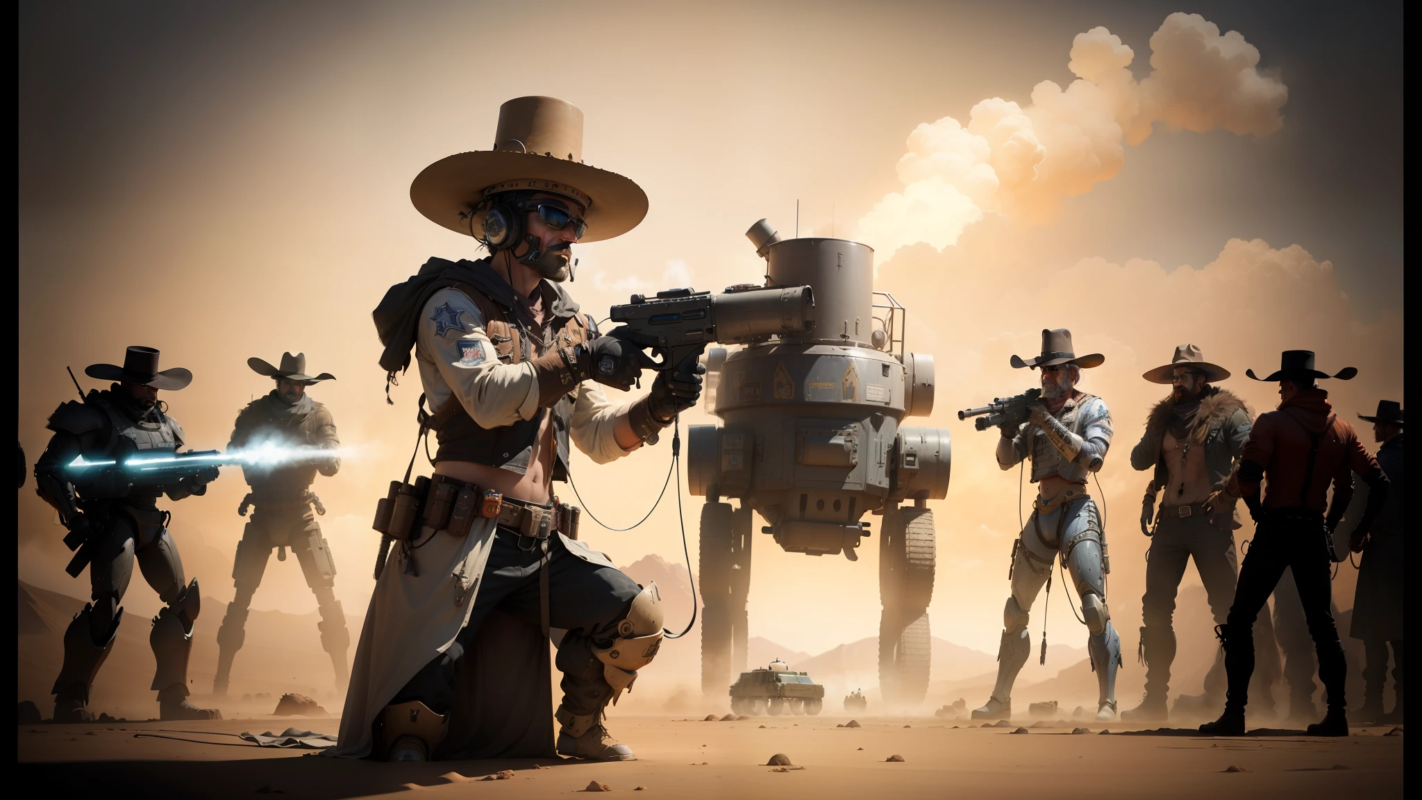 cowboys in a desert with a robot and a group of men, fantasy photography, techno music, photo taken in 2018, big guns, anthropomorphic character, spirit of rage, high hat, award-winning photograph, rising steam, artist rendition, scene from a rave, caravan --auto --s2