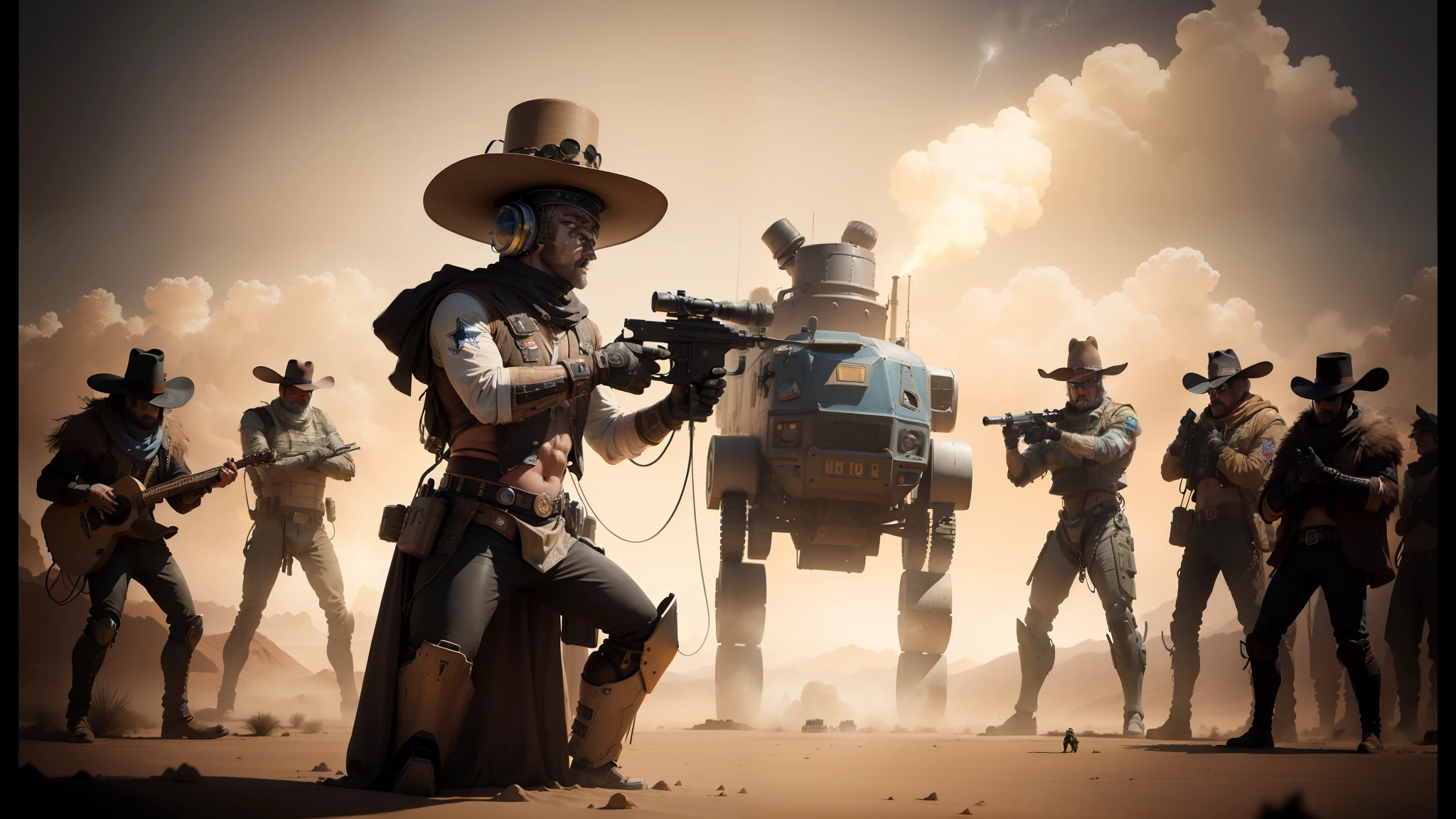 cowboys in a desert with a robot and a group of men, fantasy photography, techno music, photo taken in 2018, big guns, anthropomorphic character, spirit of rage, high hat, award-winning photograph, rising steam, artist rendition, scene from a rave, caravan --auto --s2