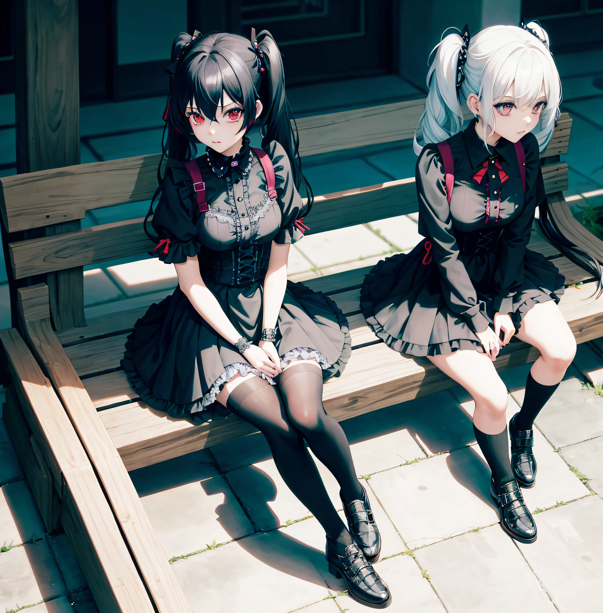 Anime - girl sitting on a bench, chic goth loli, gothic, black and white gothic lolita style, anime style 4K, modern anime style, anime girls, girl front line CG, best anime 4K Conachan wallpapers, two beautiful anime girls, style anime, anime style. 8K, badass anime 8K, high quality anime art style, twin tails, very modern anime style, goth loli, bevimeta, babymetal, black hair, hair is black, small breasts, light tights,