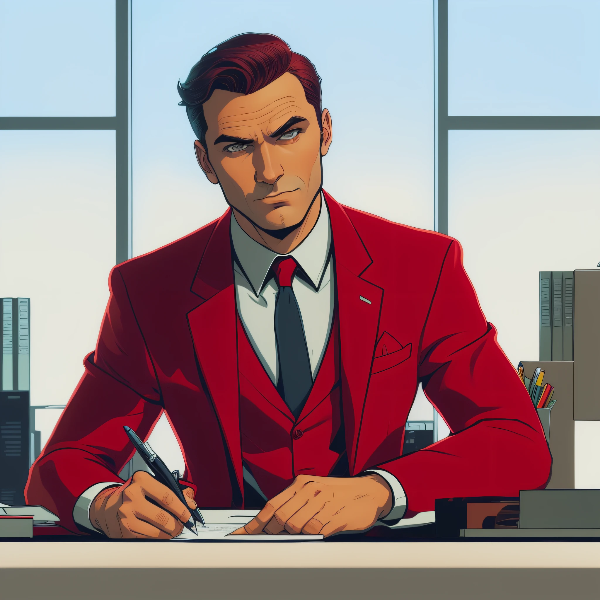 a close up of a cartoon man in a suit writing on a paper, art gta 5 comics, sitting at his desk, dc comics art style, red suit, inspired by Max Magnus Norman, comic drawing style, drawn in the style of mark arian, crimson attire, martin ansin, tom richmond illustration, martin ansin artwork portrait, comics style art, comic art style