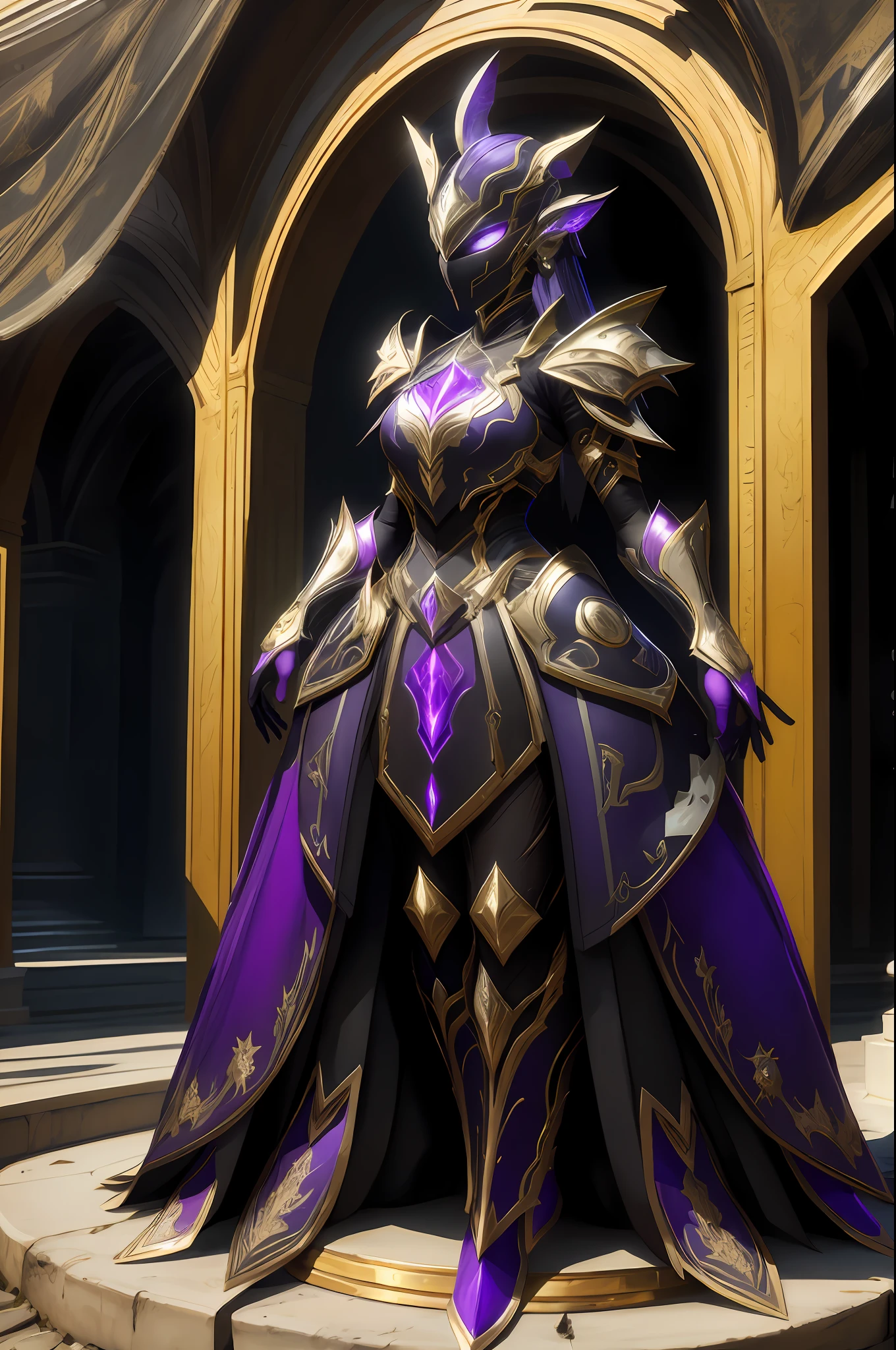 Masterpiece, best quality, 1 girl, dark sage armor, full body, looking at the viewer, all-black armor with purple details