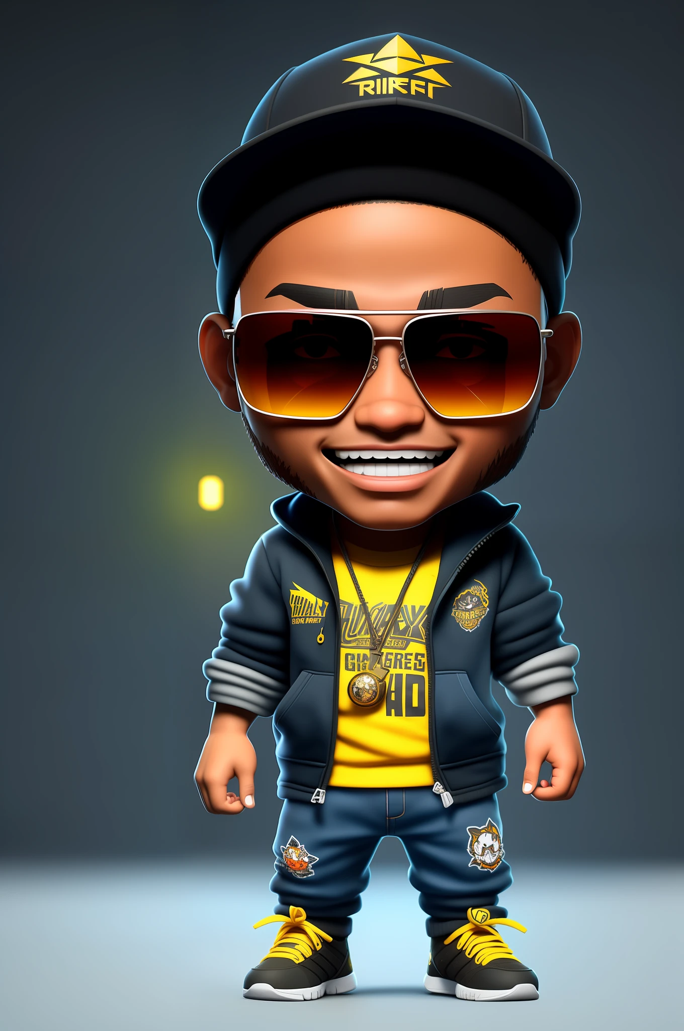 Create a 12K resolution of a 3D [gritty Hip Hop] chibi style character in detailed full body, highly detailed, vibrant, ultra high quality, Hyperrealism, Photorealism, [octane render]