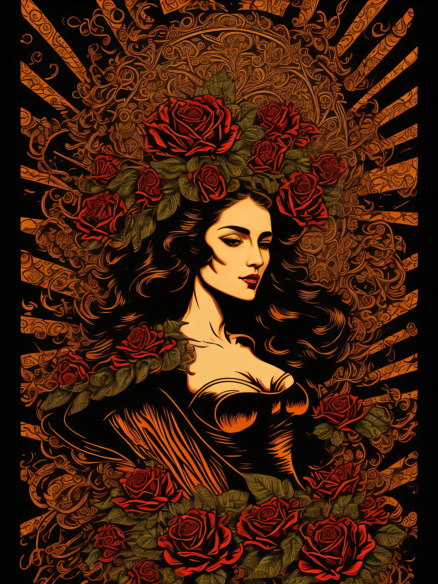 (High quality Chicano airbrush art),(masterpiece, best quality, ultra-detailed),8K resorution,(black background),((richly colored)),((brightly colored)),(full-length portrait),(symmetrical),(Vertical symmetry),(Our Lady of Skulls)),((large Roses symmetrically placed on both sides)),t-shirt design,(religious symbolism),(inspired by Holy Mary),(detailed additions),(iconography)
