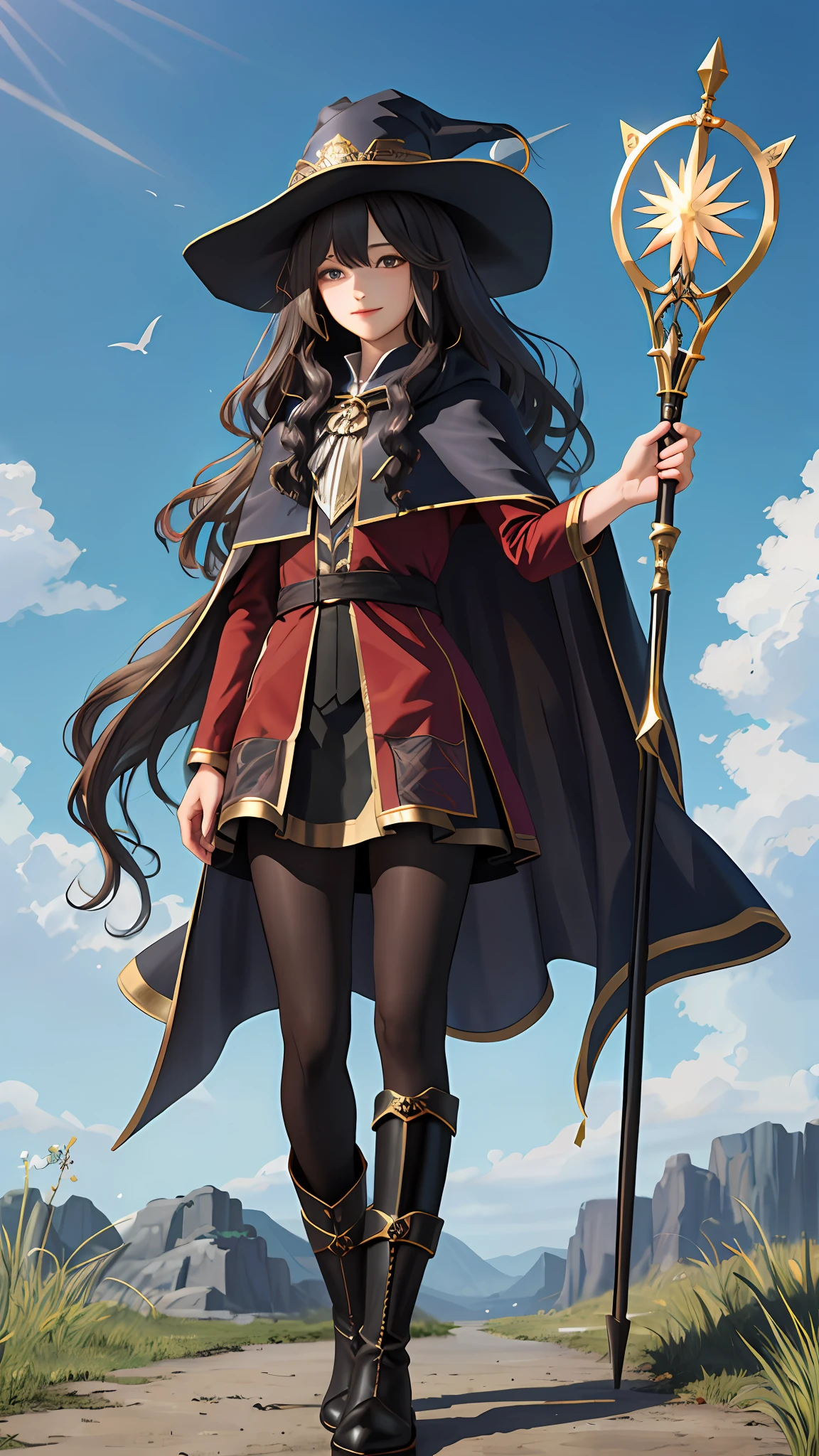 masterpiece, best quality, looking at viewer, wavy hair, fringe, long hair, fantasy, wizard, outdoors, staff, cape, hat, black_pantyhose, boots,
medium skirt,