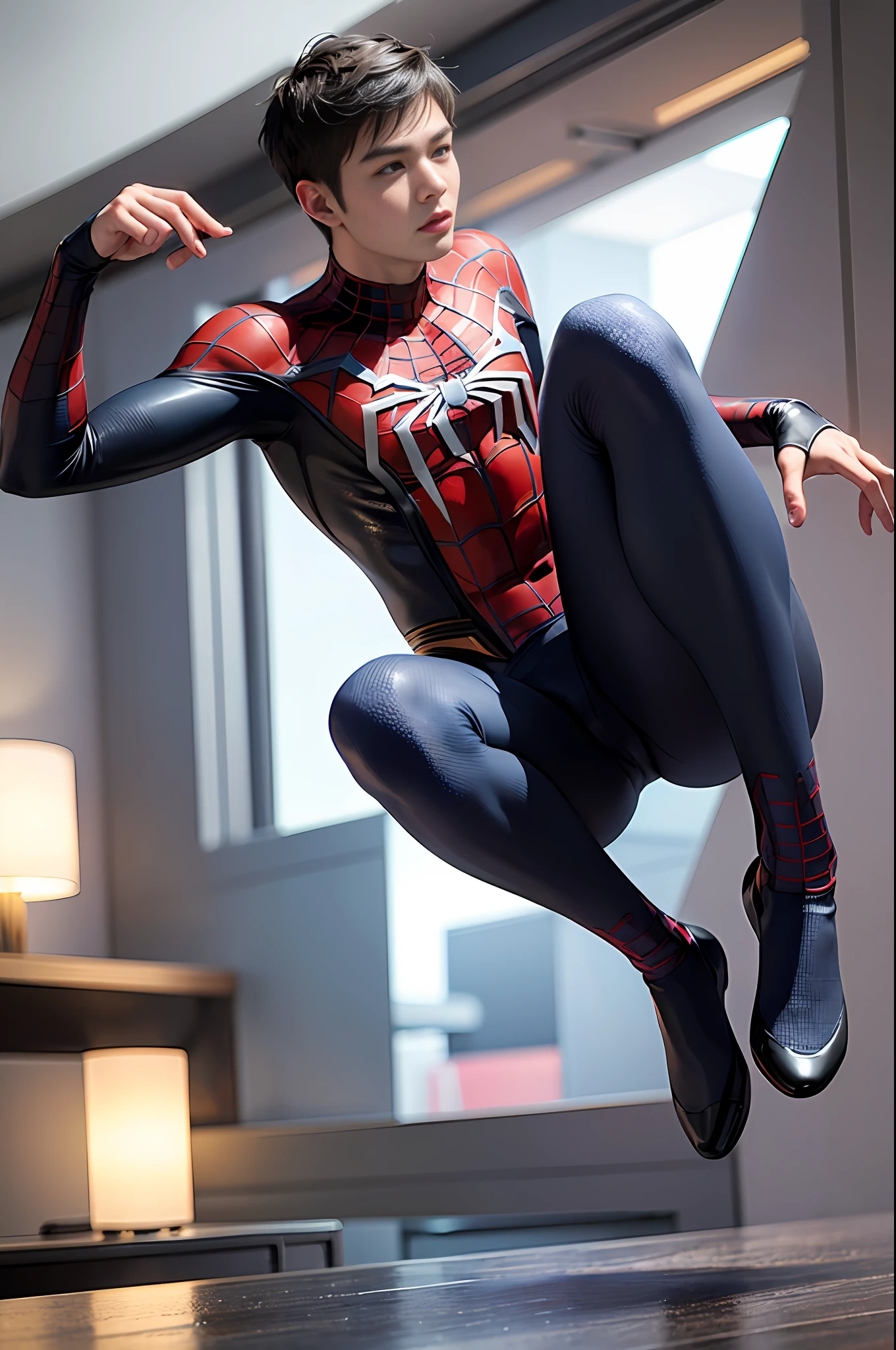 RAW,1boy, (A charming 18-year-old Chinese boy: 1.5), (no mask, face: 2), handsome, Spider-Man classic pose, shooting spider silk, body crouching, masterpiece, super fine photo, best quality, super high resolution, photorealistic realism, sunny handsome, full body portrait, delicate face, vibrant eyes, (viewed from the side), he is wearing a futuristic steel man Spider-Man costume, very detailed background, detailed face, detailed complex busy background, highly detailed skin, realistic skin details, visible pores, sharp focus, volumetric fog, 8k UHD, DSLR, high quality, film grain, photo realism, seen from below, translucent