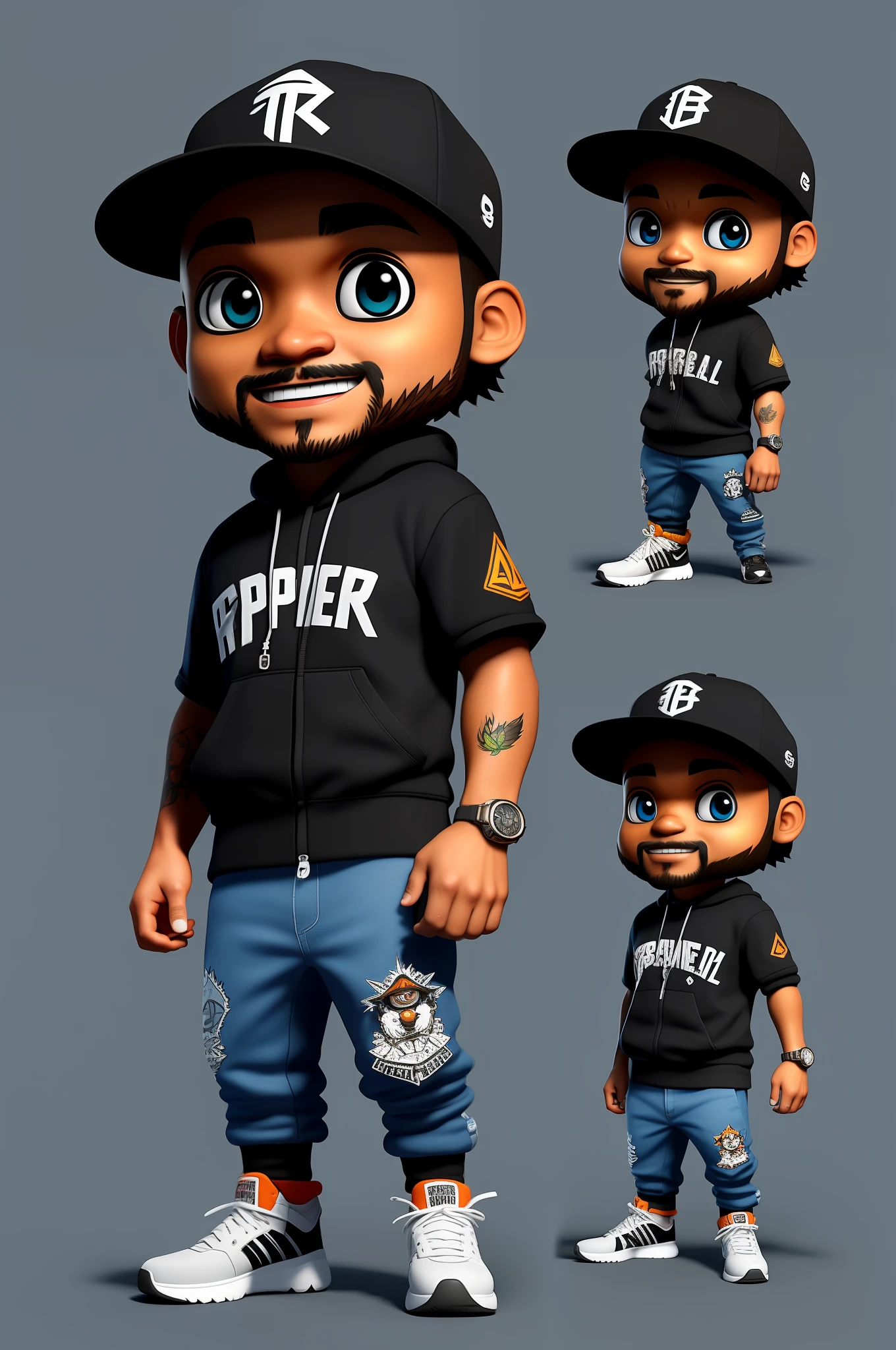 Create a 12K resolution of a 3D [gritty Hip Hop] chibi style character in detailed full body, highly detailed, vibrant, ultra high quality, Hyperrealism, Photorealism, [octane render]