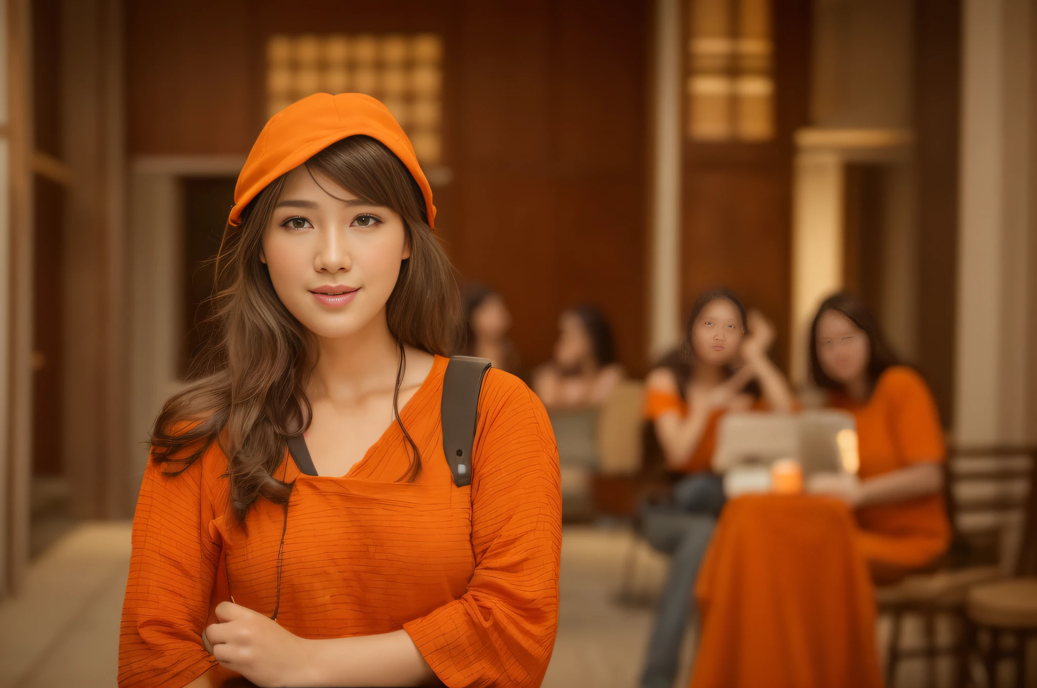 (Best quality, 8k, masterpiece: 1.3), a beautiful woman with perfect figure: 1.4, dark brown hair, medium, ((wearing an orange t-shirt with arcline on the shoulder)),highly detailed face and skin, detailed eyes, tay ôm cặp sách