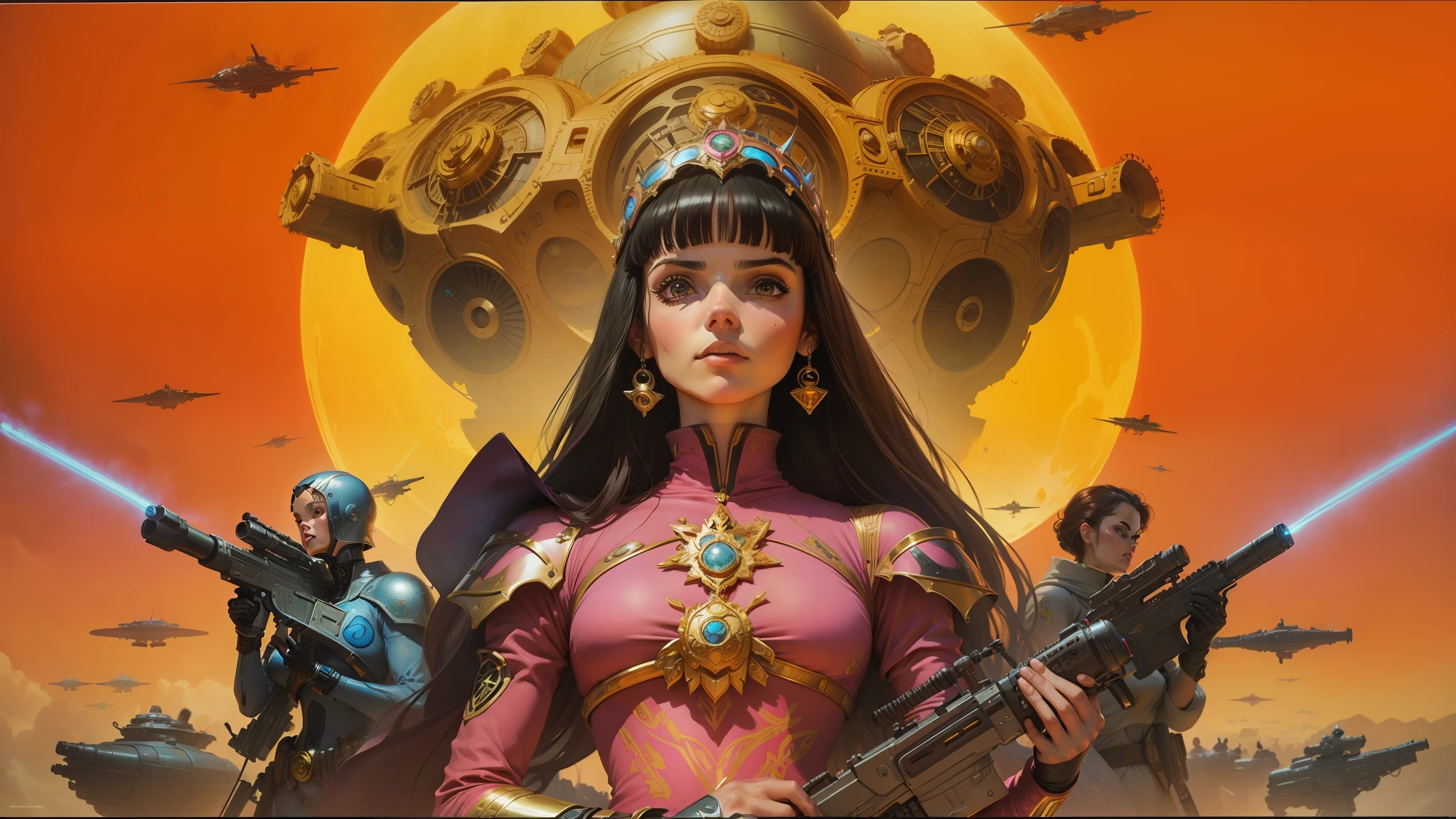 arafed image of a woman in a pink dress with guns, jodorowsky's dune, stephen hickman, key art, the coming ai singularity, inspired by Jim Steranko, shiny plastic armor, pc boxart, gilded lotus princess, donoto giancola, looks like christina ricci, seventies --auto --s2