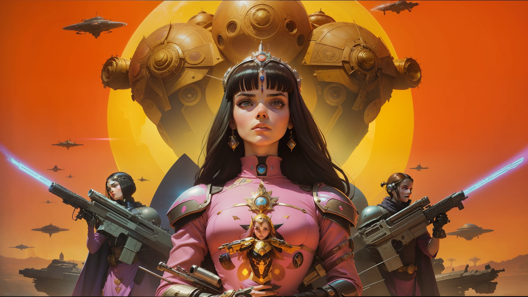 arafed image of a woman in a pink dress with guns, jodorowsky's dune, stephen hickman, key art, the coming ai singularity, inspired by Jim Steranko, shiny plastic armor, pc boxart, gilded lotus princess, donoto giancola, looks like christina ricci, seventies --auto --s2