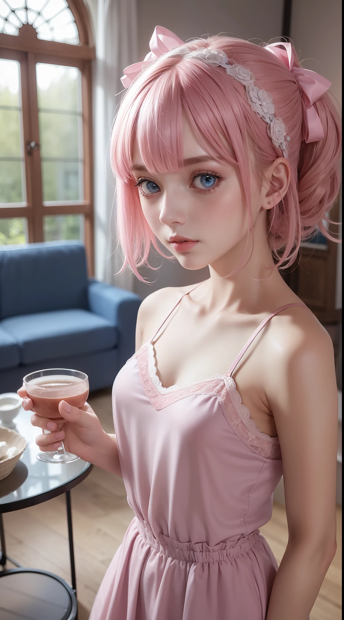 1girl,((beautiful face)), lace camisole dress, messy bob hair, blue eyes, hair over one eye, hair ornament, pink hair ribbon, upper body, standing, indoors, living room, sofa, tables, window, (NSFW:1.15)