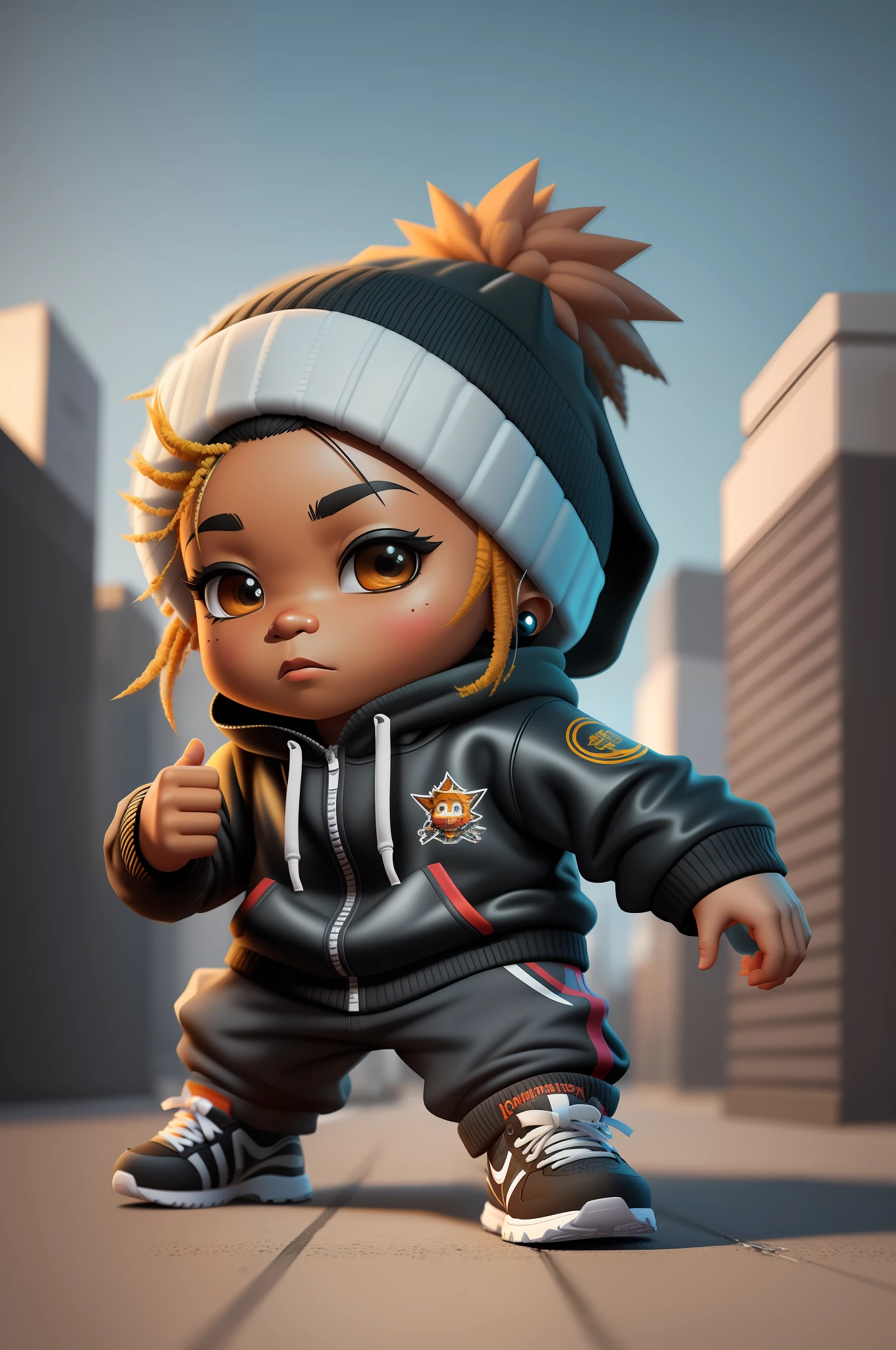 Create a 12K resolution of a 3D [gritty Hip Hop] chibi style character in detailed full body, highly detailed, vibrant, ultra high quality, Hyperrealism, Photorealism, [octane render]