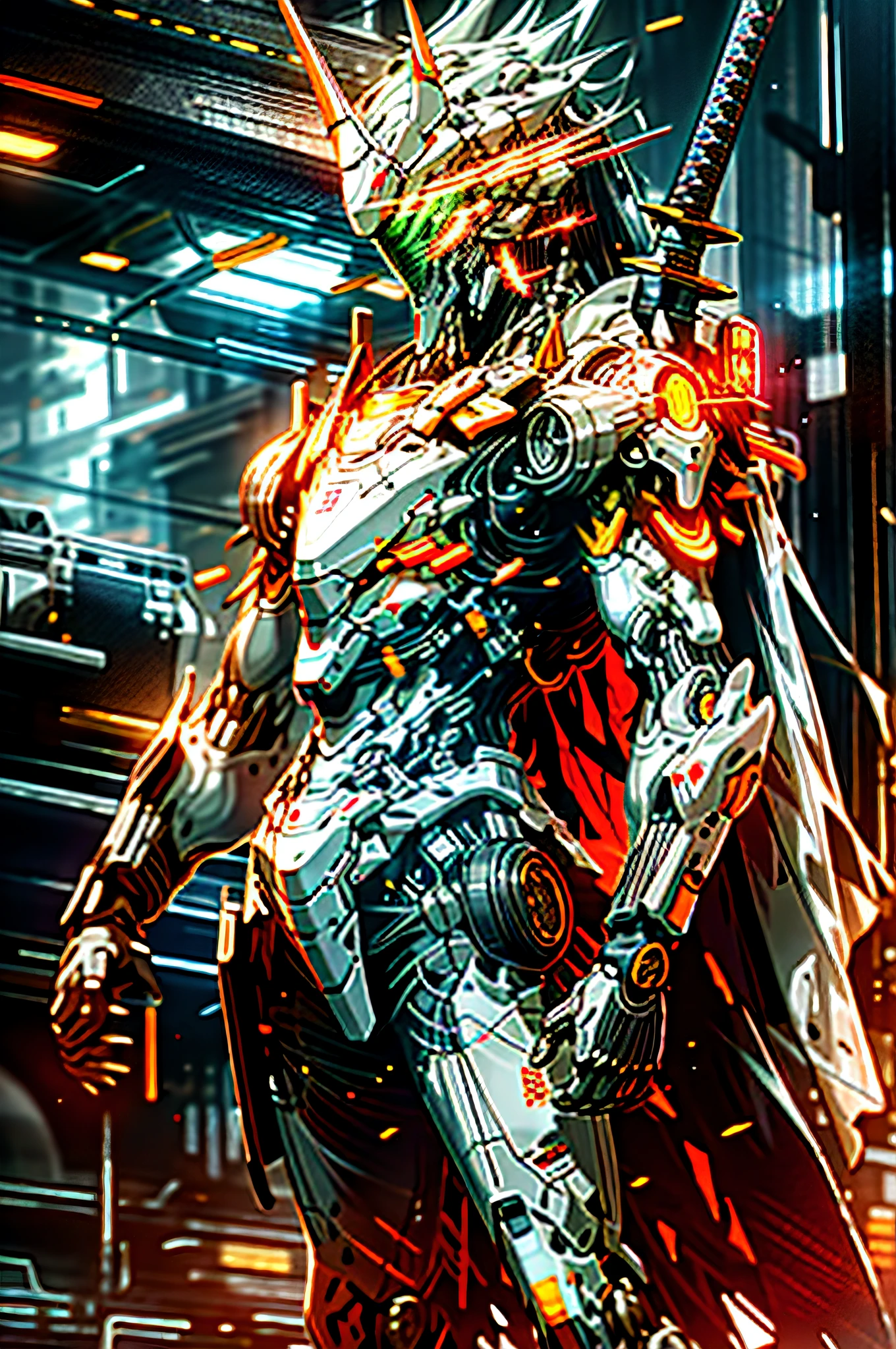 On the moon, a full-body orange mech glowing with a long sword, no humans, accompanied by robots, the robot's eyes are also flashing and glowing, surrounded by a science fiction city standing under neon lights, at this moment he seems to appear in a real and illusory world, the background of the galaxy is embellished with poetic neon lights, creating a cyberpunk-like sense of the future.