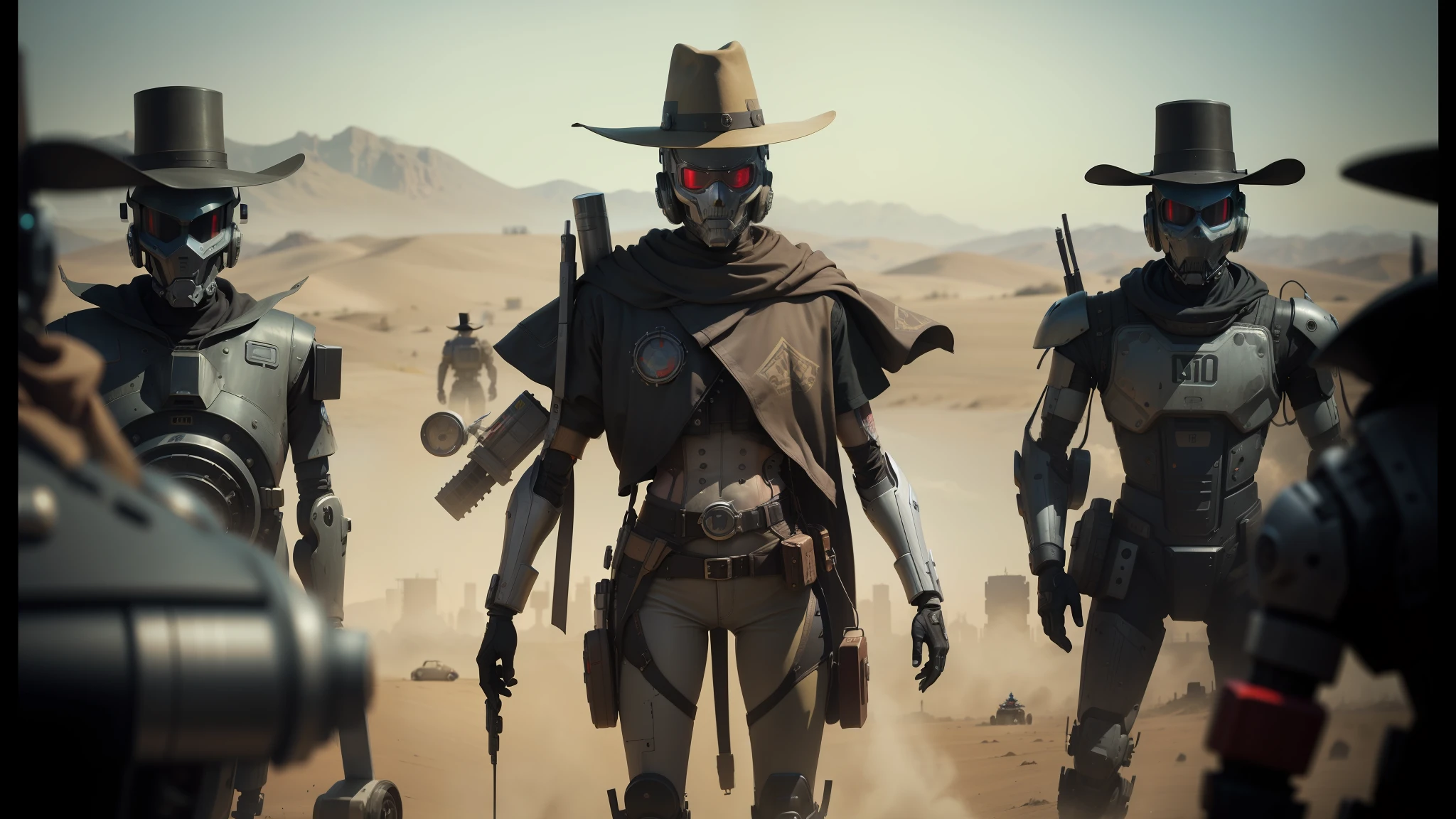 several robots dressed in costumes and hats are walking in a field, 4 k wild west, techno-punk, 8k highly detailed ❤️🔥 🔥 💀 🤖 🚀, made in 2019, anamorphic cinematography, cosplayer, moebius aesthetic, skin : tjalf sparnaay, western comic, character mashup, 2 0 7 7 --auto --s2