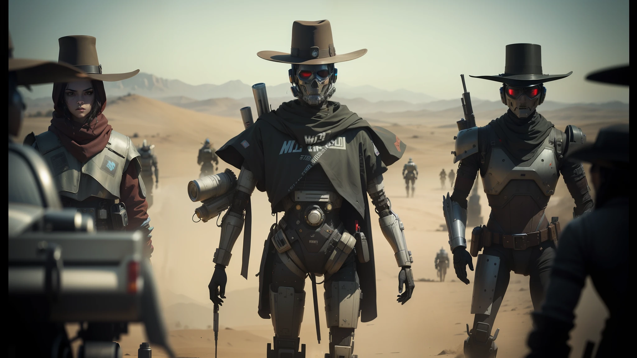 several robots dressed in costumes and hats are walking in a field, 4 k wild west, techno-punk, 8k highly detailed ❤️🔥 🔥 💀 🤖 🚀, made in 2019, anamorphic cinematography, cosplayer, moebius aesthetic, skin : tjalf sparnaay, western comic, character mashup, 2 0 7 7 --auto --s2