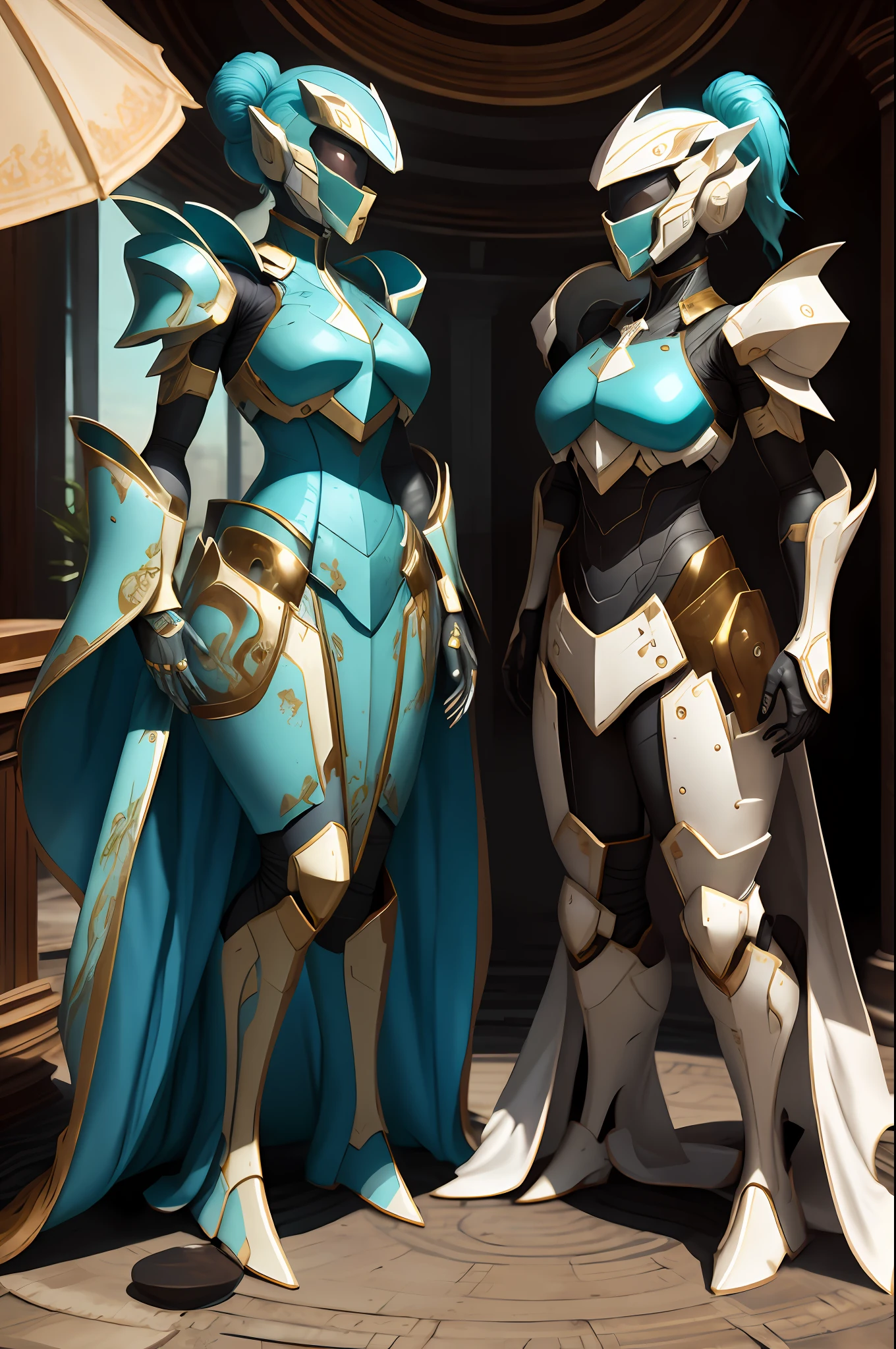 masterpiece, best quality, 2 girls, light armor, full body, looking at the viewer, turquoise armor