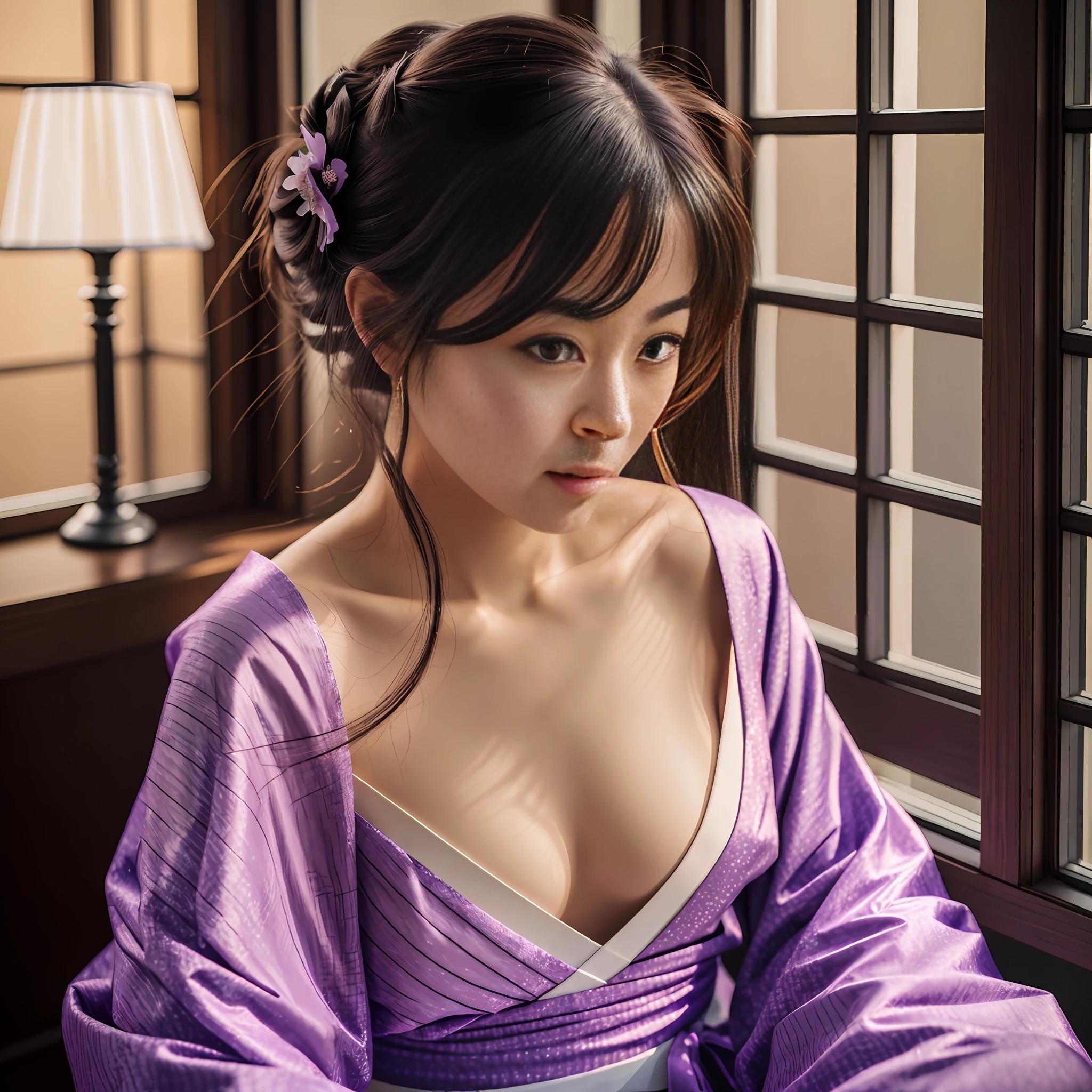 photorealistic, solo, beautiful Japan woman, natural figure, well-groomed traditional hairstyle, dark kimono, sitting by a wide window, outside the window is a vivid sunset, very relaxed, illuminated by the dazzling sunset, (greatly exposing skin), soft smile, impressive gaze, (((sexual seduction)), chest, collarbone, décolleté, thighs, professional photographer, portrait, shallow depth of field, purple light, dazzling backlight, --auto --s2