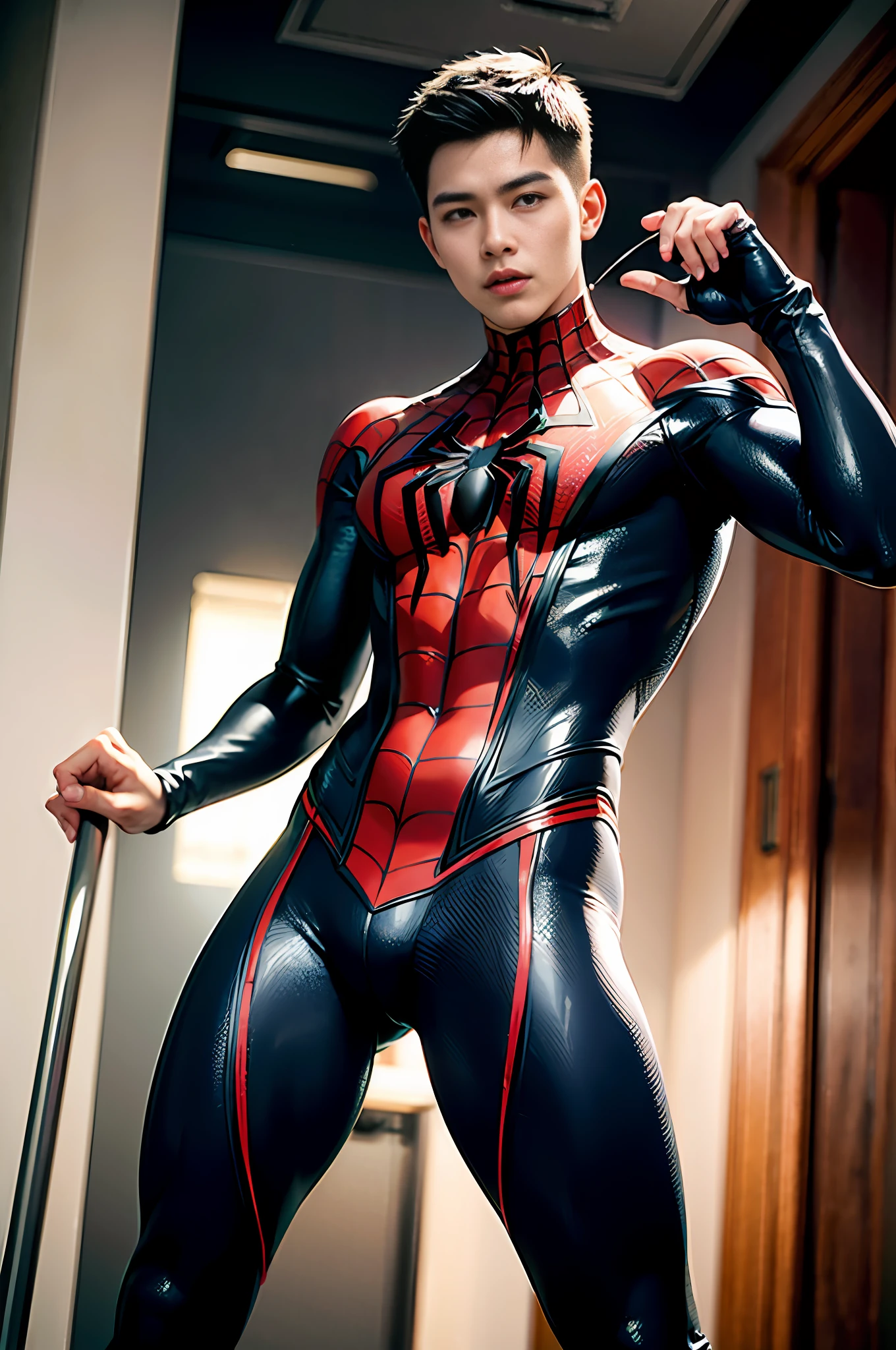 .RAW (21-year-old Chinese boy: 1.5), no mask, masterpiece, super fine photo, best quality, super high resolution, photorealistic realism, sunny handsome, full body portrait, domineering, Spider-Man classic pose, shooting spider silk, delicate face, vibrant eyes, (viewed from the side), he is wearing a futuristic steel man Spider-Man costume, very detailed background, detailed face, detailed complex busy background, highly detailed skin, realistic skin details, visible pores, sharp focus, volumetric fog, 8k UHD, DSLR, high quality, film grain, fair skin, photorealism, huge metropolis in future dystopia , seen from below, translucent, lower body protruding,