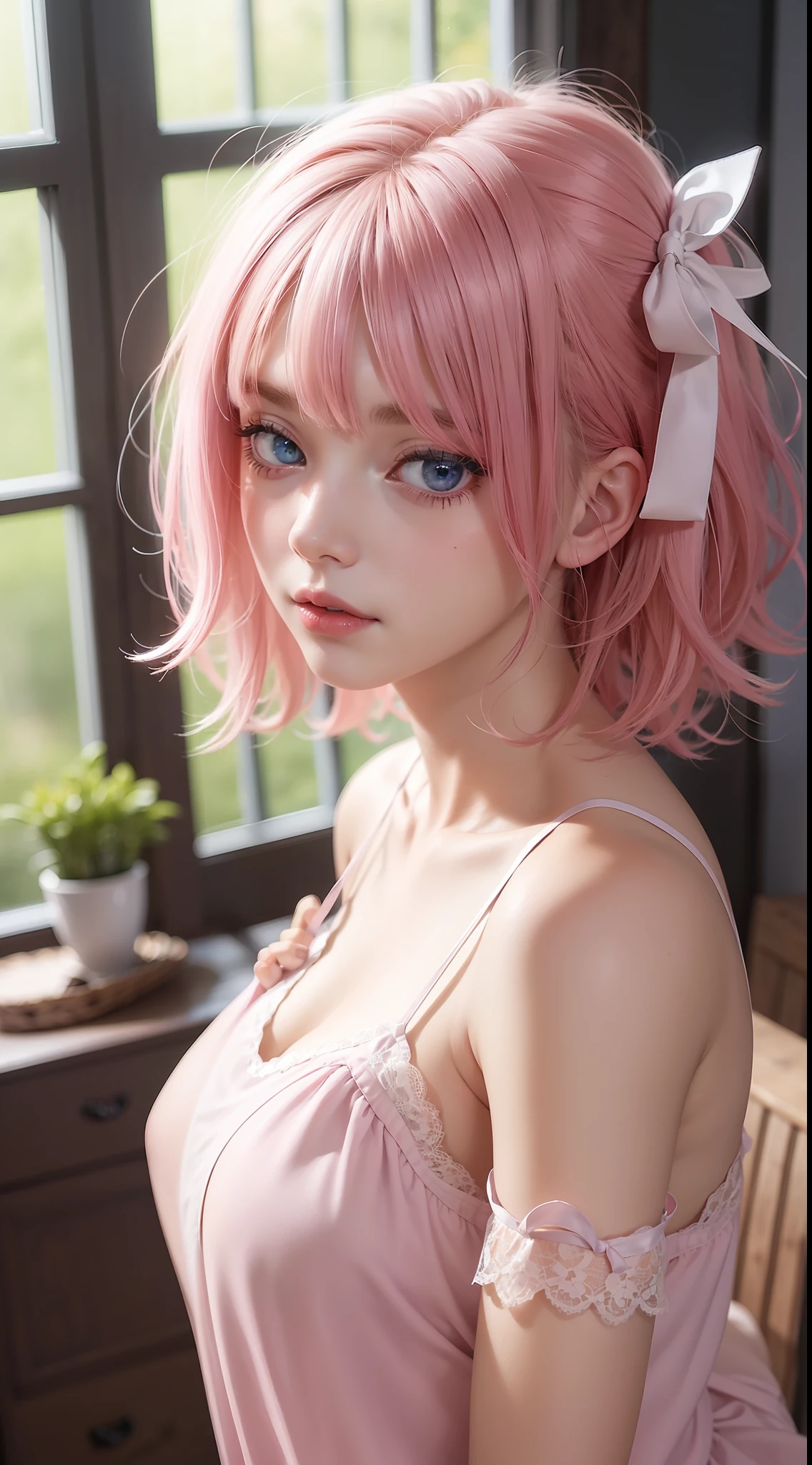 1girl,((beautiful face)), lace camisole dress, messy bob hair, blue eyes, hair over one eye, hair ornament, pink hair ribbon, upper body, standing, indoors, living room, sofa, tables, window, (NSFW:1.15)