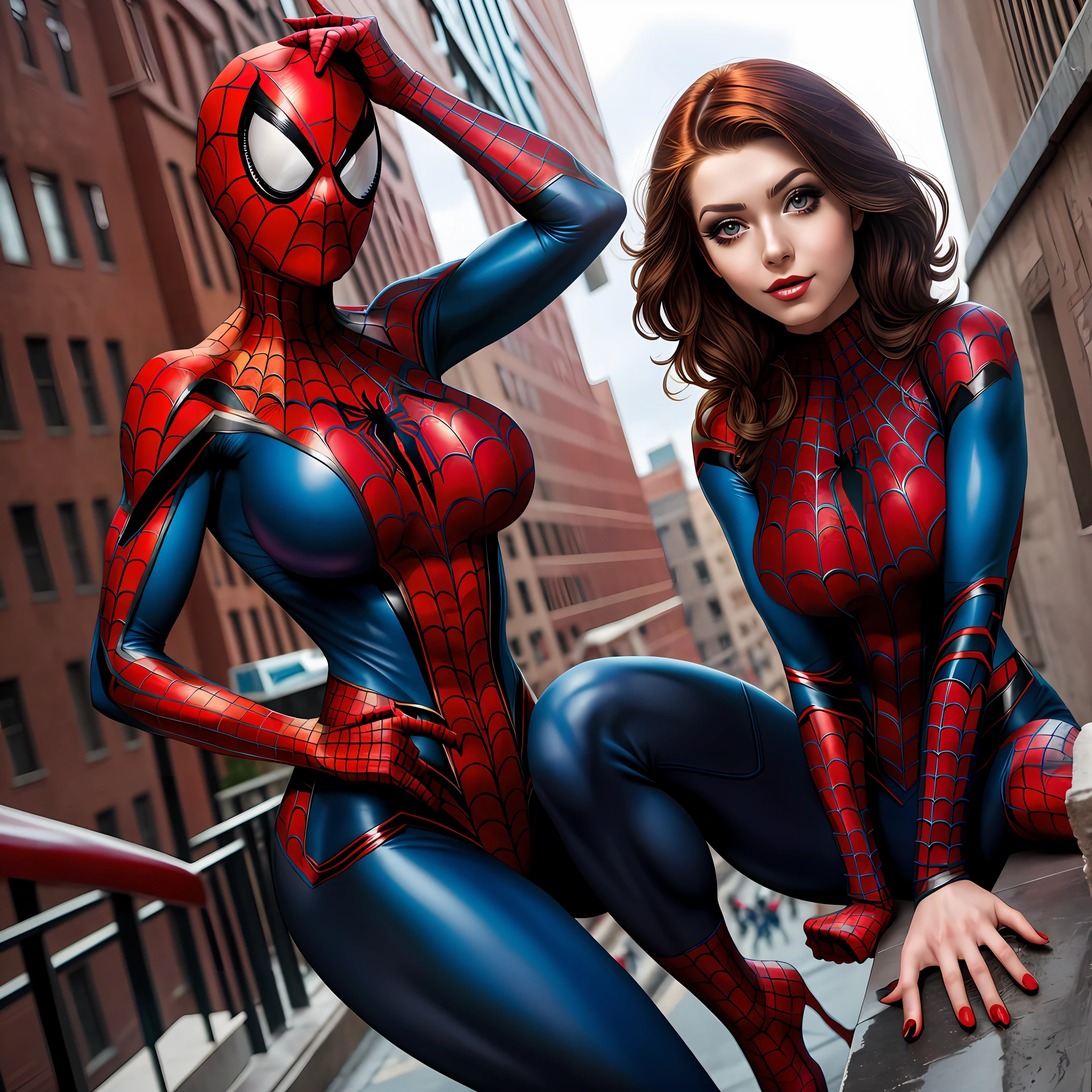 Beautiful woman detailed defined body using spider man cosplay, big breasts