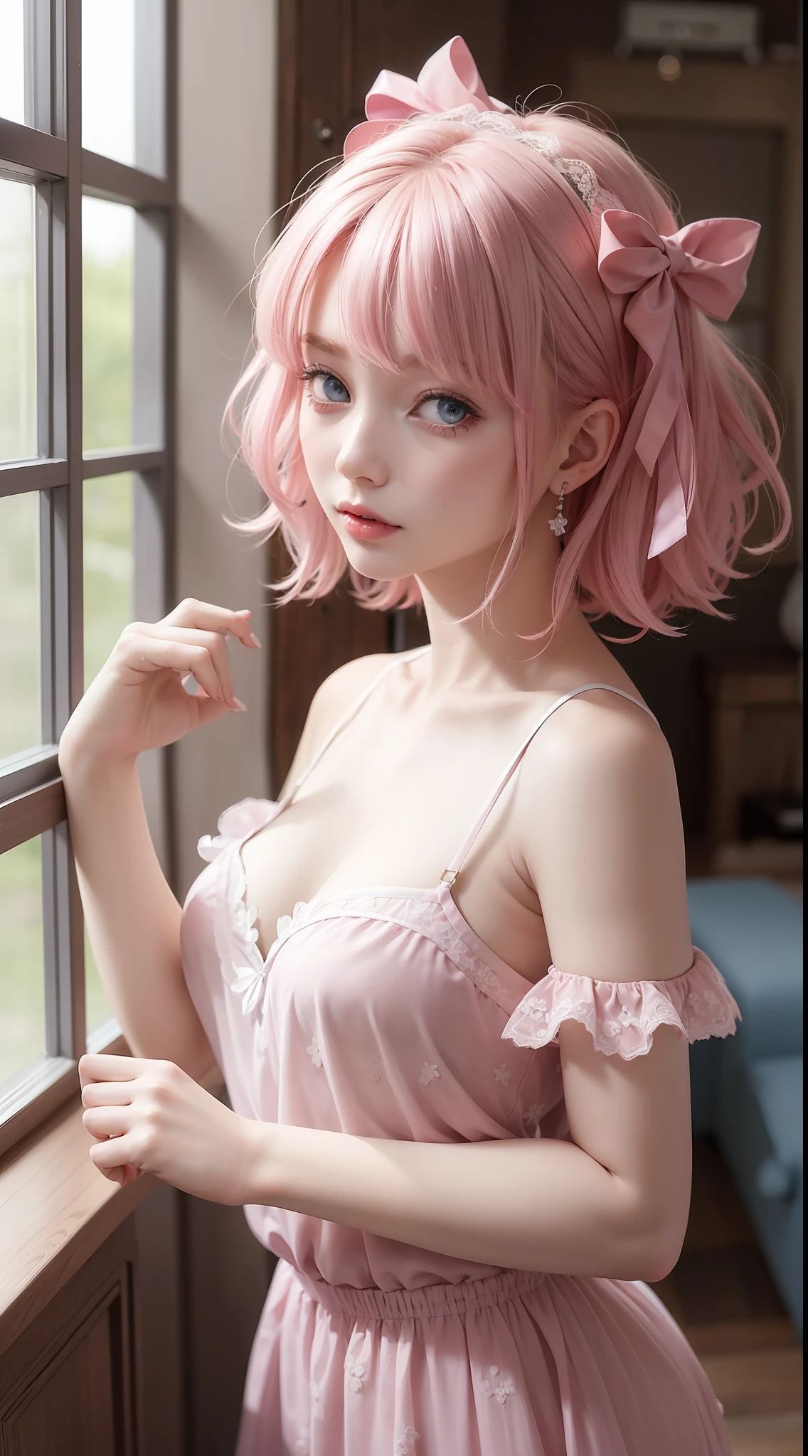 1girl,((beautiful face)), lace camisole dress, messy bob hair, blue eyes, hair over one eye, hair ornament, pink hair ribbon, upper body, standing, indoors, living room, sofa, tables, window, (NSFW:1.15)