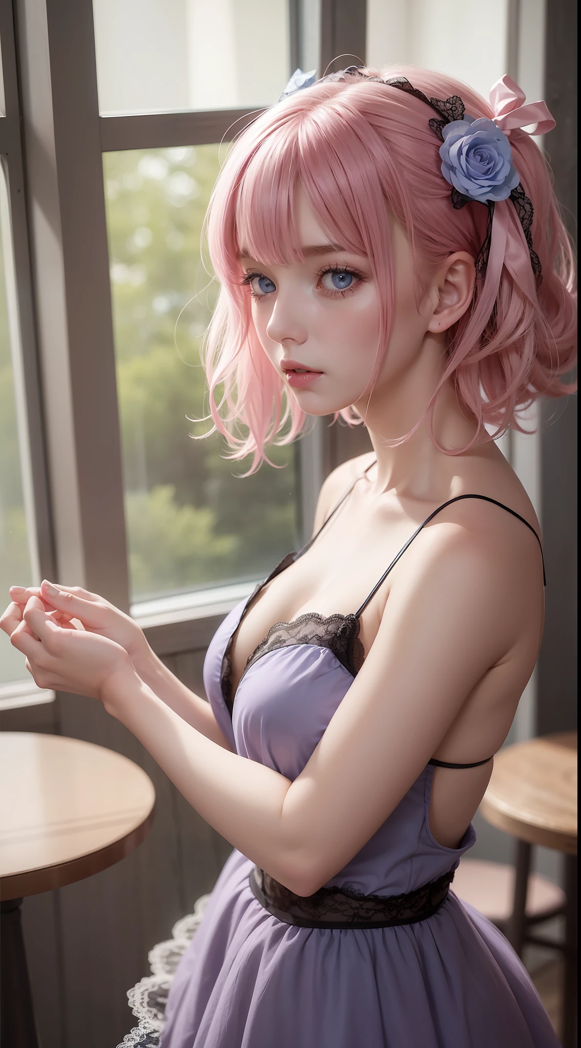 1girl,((beautiful face)), lace camisole dress, messy bob hair, blue eyes, hair over one eye, hair ornament, pink hair ribbon, upper body, standing, indoors, living room, sofa, tables, window, (NSFW:1.15)