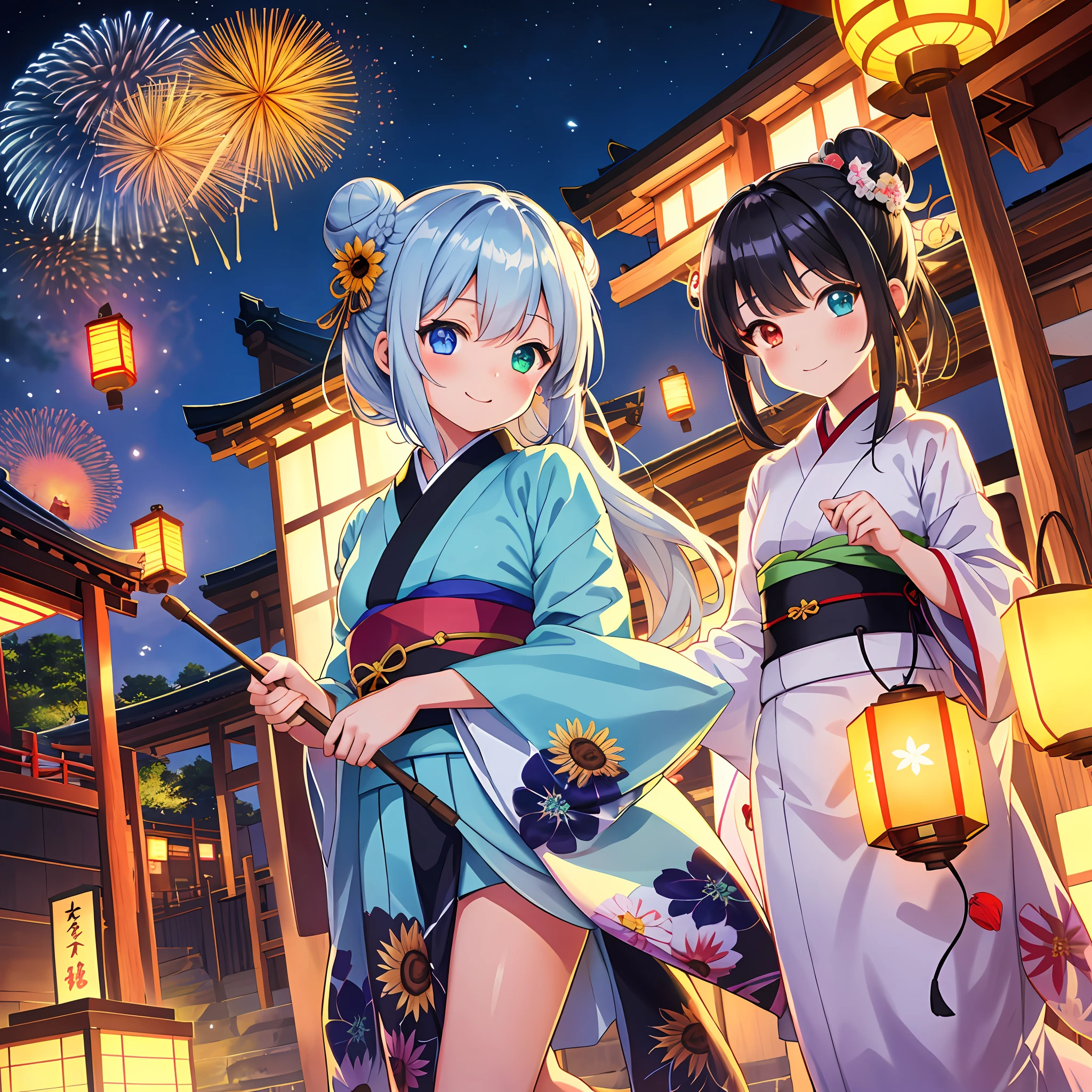 (Chibi: 1.2) Girls, Japan Kimonos, Japan Summer Temple Festival (Festival: 1.4), Lanterns, Night, (Fireworks: 1.4) Focusing on the sky, shrine arches, chibi girls, watching the viewer, smiling, happy "Kyoto Animation" style anime illustrations, top quality, (cute: 1.1), (cute), (high resolution: 1.2), incredibly ridiculous: 1.3, incredibly fine illustrations, cute girls, (heterochromia, light blue eyes and light green eyes), Solo, Standing figure, Happy, :d, Masterpiece, Best quality, Absurdity, High Definition, Official Art, (Cute: 1.8), (Chibi Character: 1.5)), Solo, ((Black hair, bun hair, kanzashi)), Thinning hair, 1 beautiful girl, (Cute: 1.8), Caregiver, Maid, (long yukata, Sunflower illustration, indigo blue, luxury obi)), watch viewer, front, princess eyes,, from the front, Japan festival, night house, cute geta, deformed characters, goldfish drawstring