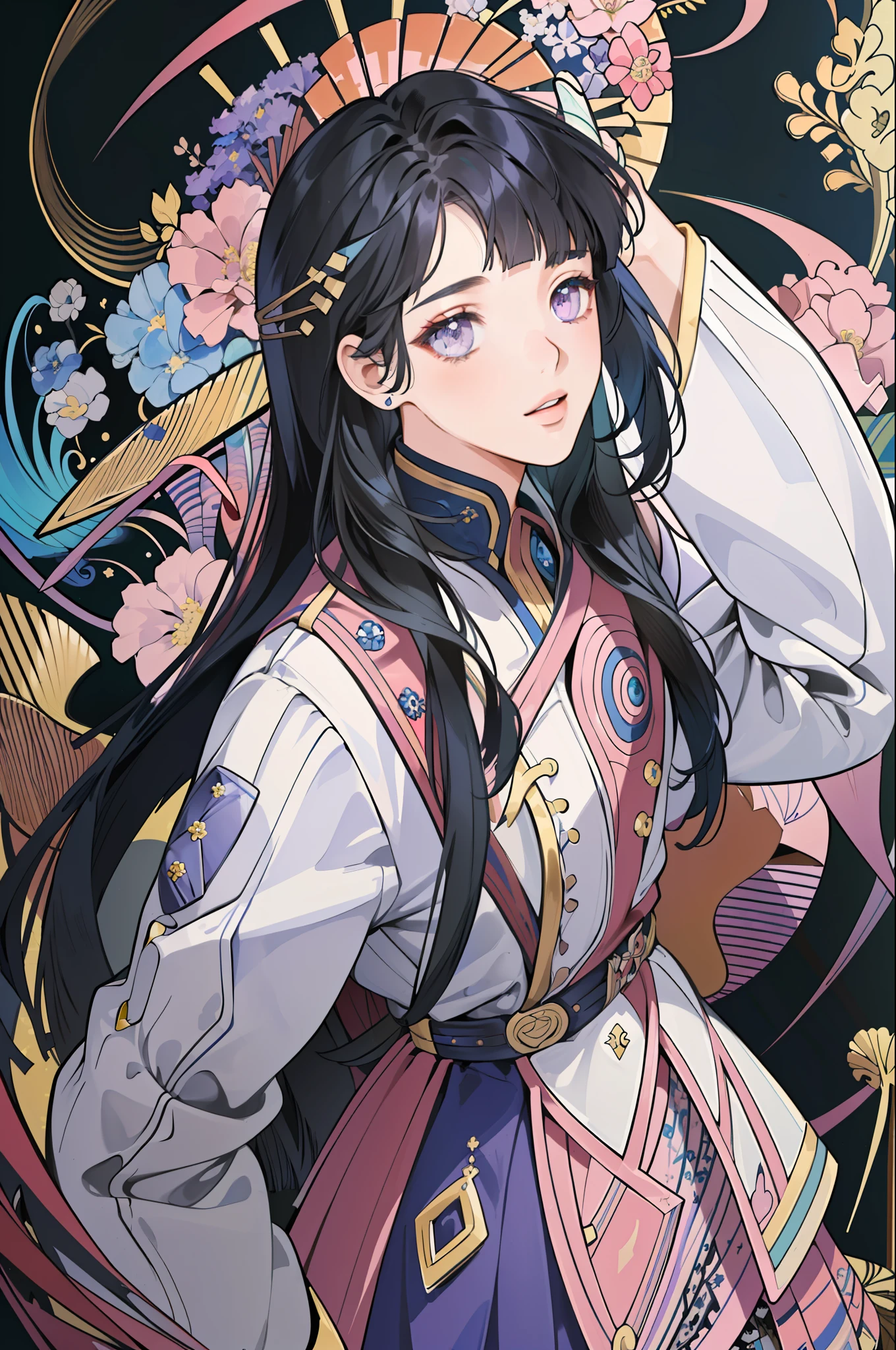 ((masterpiece:1.2, best quality)), ultra detailed, Ultra-precise depiction, Ultra-detailed depiction, (zentangle:1.2), (dynamic pose), (abstract background:1.5), wavy long hair, dark blue hair, 1girl, colorful, portrait, (from above:1.2), purple eyes, (((blunt bangs))), dress, flowers, look at viewer
