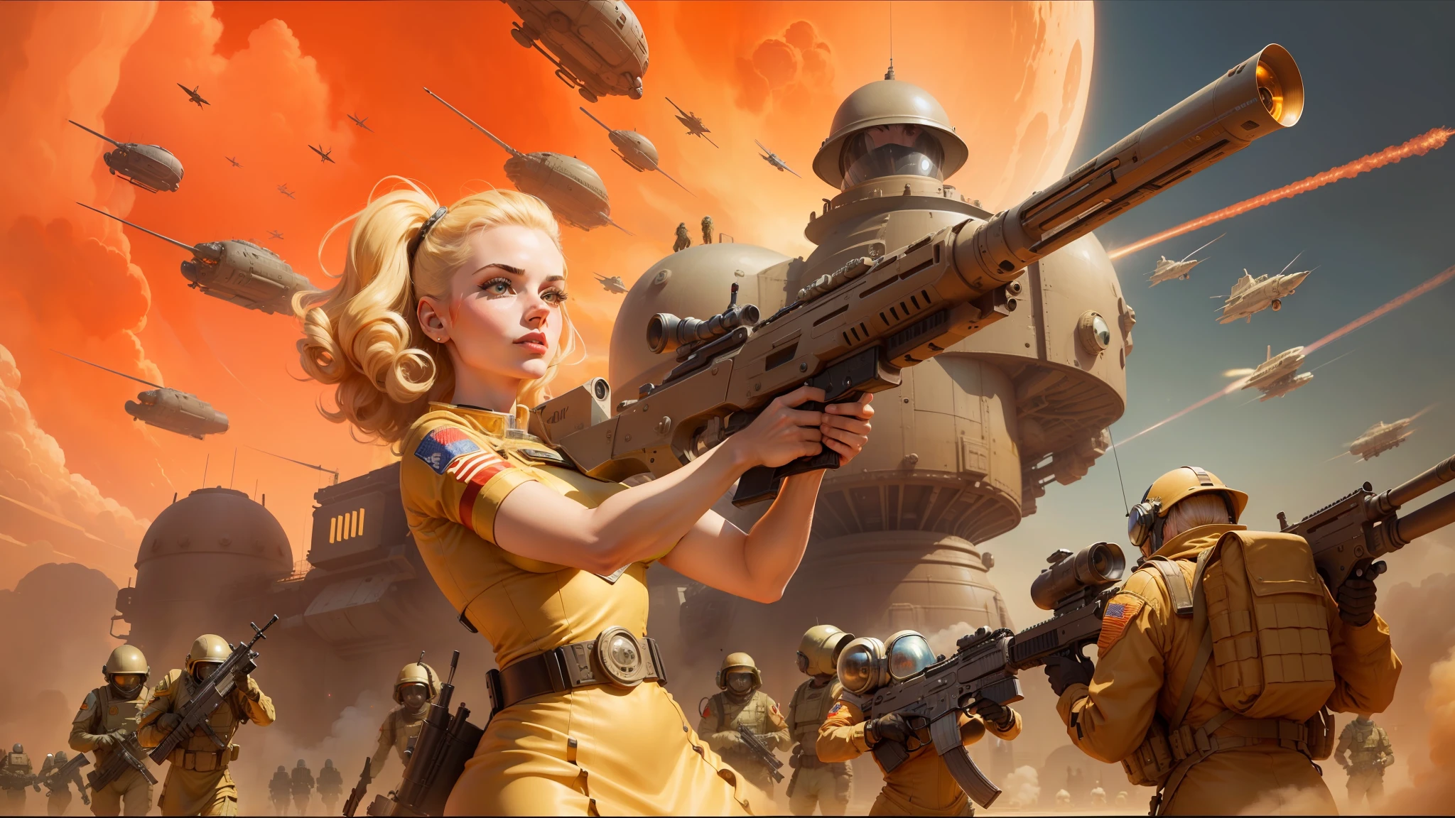 there is a woman holding a gun in front of a bunch of soldiers, atompunk, detailed sci-fi art, steve oliff, mars city, beautiful woman in spacesuit, highly detailed surrealist art, golden age illustrator, big guns, blonde girl in a cosmic dress, frank r paul --auto --s2