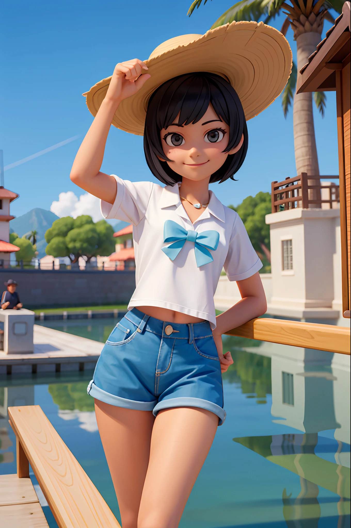 Black hair, short hair, smile, masterpiece, top quality, 1 woman, sunshine, yacht harbor, sea, cowboy shot,