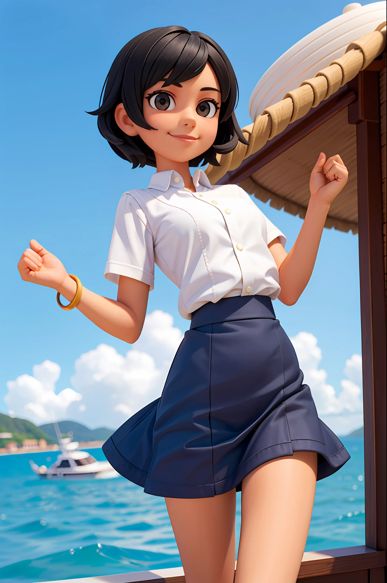 Black hair, short hair, smile, masterpiece, top quality, 1 woman, sunshine, yacht harbor, sea, cowboy shot,