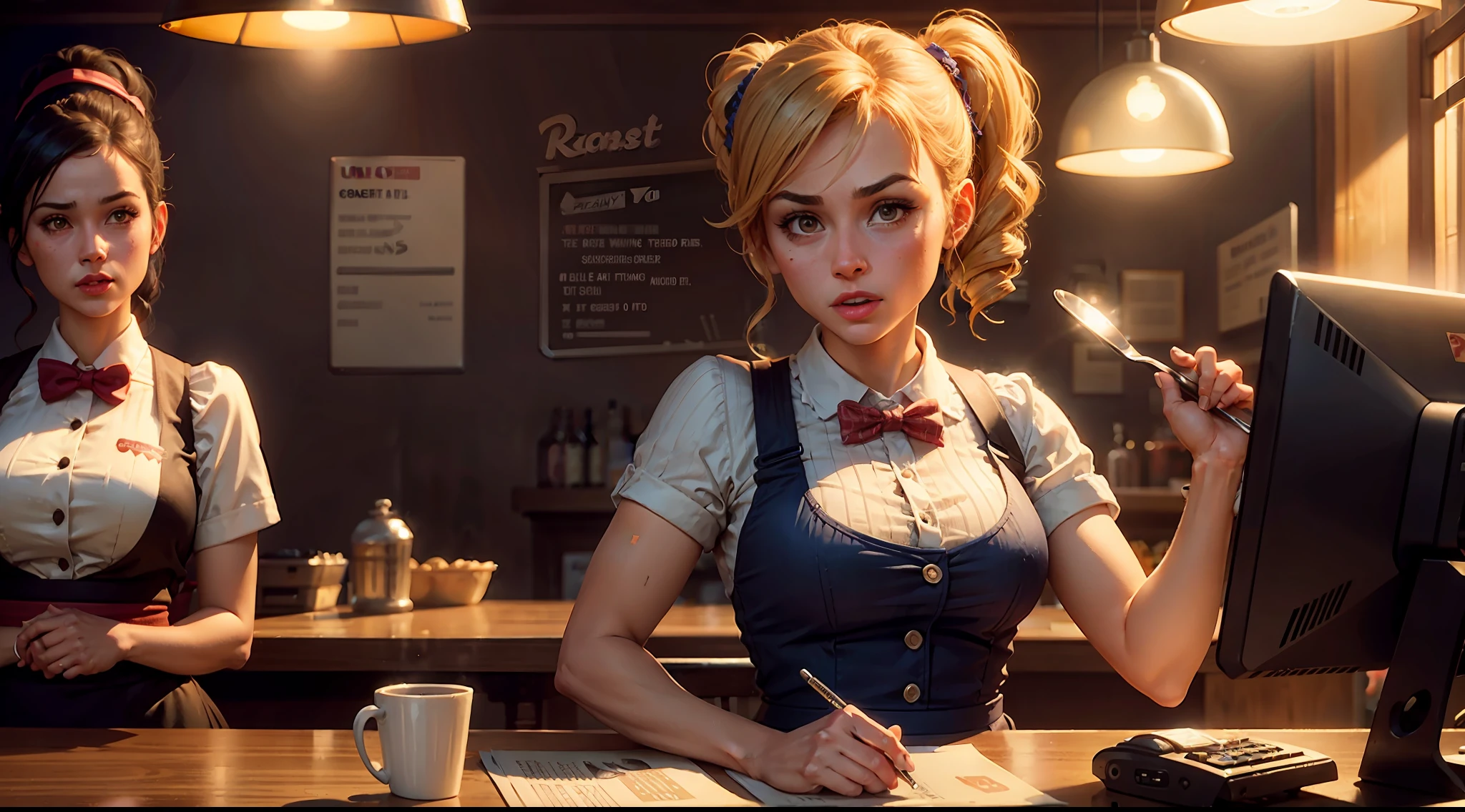 Waitress and Guest, Guest Payed, Pixarstyle, Cash Register, Money, Restaurant, Cinematic Lighting, Anatomically Correct, Masterpiece