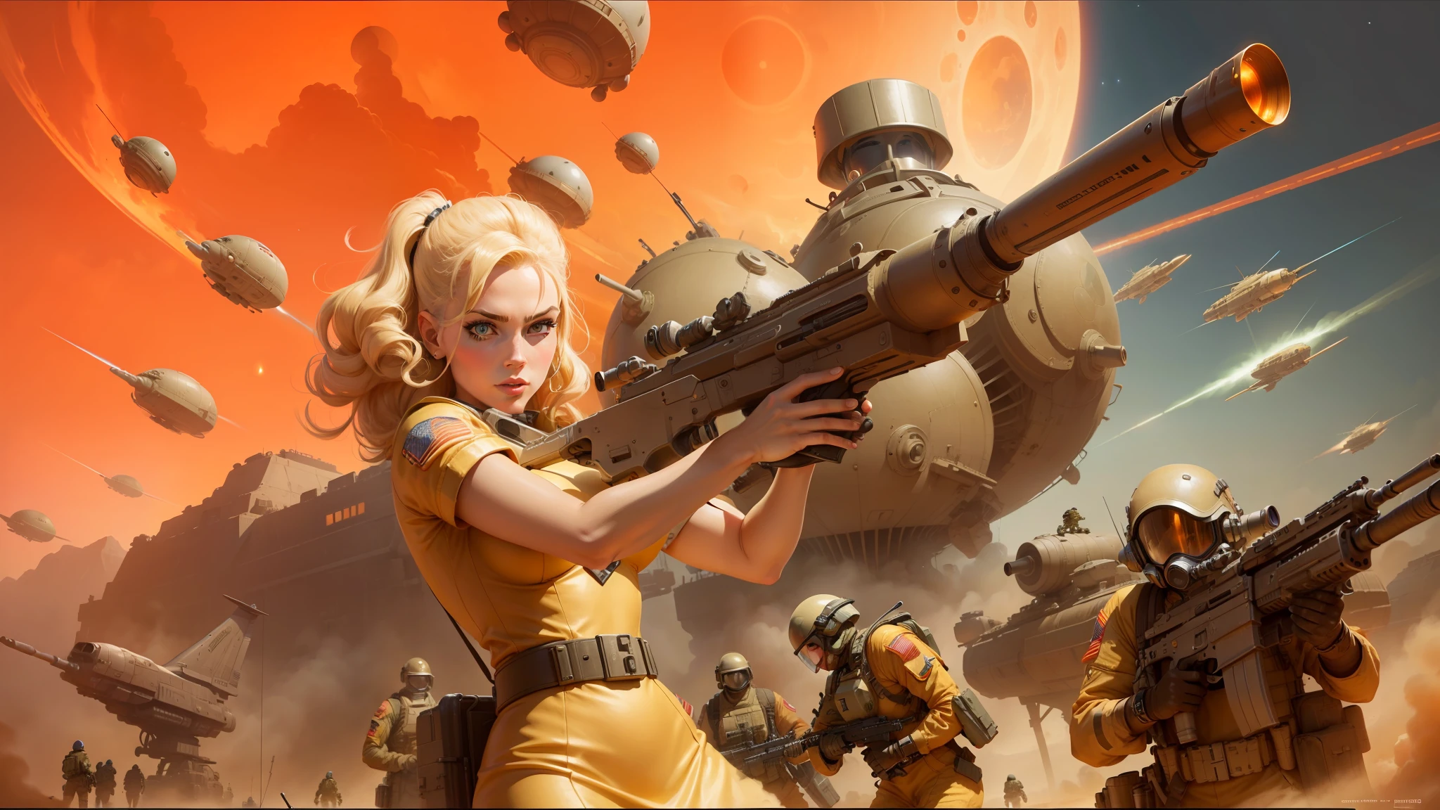 there is a woman holding a gun in front of a bunch of soldiers, atompunk, detailed sci-fi art, steve oliff, mars city, beautiful woman in spacesuit, highly detailed surrealist art, golden age illustrator, big guns, blonde girl in a cosmic dress, frank r paul --auto --s2