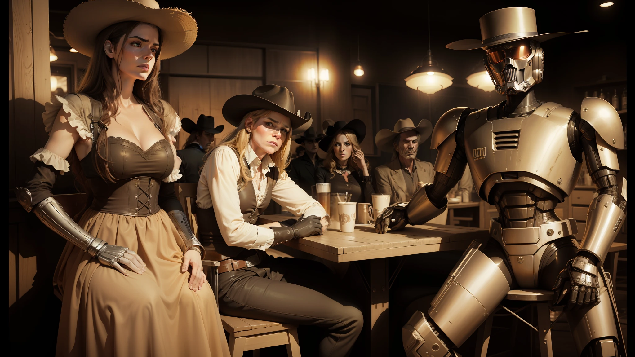 araffe and a woman in a dress and hat are sitting at a table, who is a robot, cowboy shot, cinematic film, droid, sepia, scene from live action movie, inspired western comic, still frame from a movie, metal album cover, by Matt Stewart, mashup, cowgirl, sexy movie photo, cp2077, megadeth --auto --s2