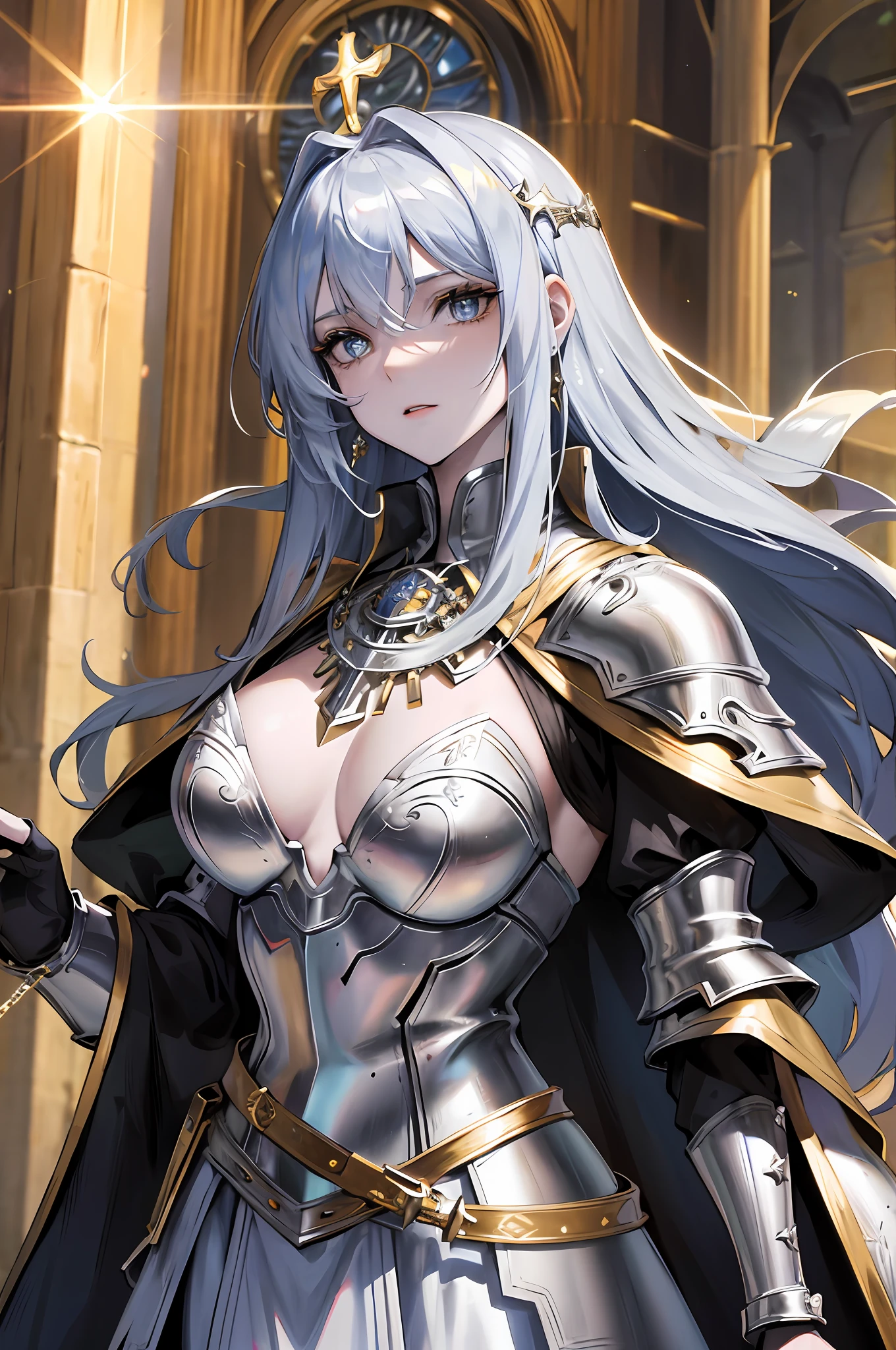 human paladin, saint, masterpiece, best quality, super detailed, illustration, super detailed face, best face, justice, 20 years old, maiden, 1girl, pale skin, medieval, church, medium breasts, black pupils, cold, orange hair, human savior, enemy of demons, devout believer, faith in the sun, silver helmet, silver plate armor, silver wrist armor, sun sword, luxurious pattern, completely covered chest, sun necklace, sun earrings, gold belt, pure white cape, weapon of the gods, Intricate details