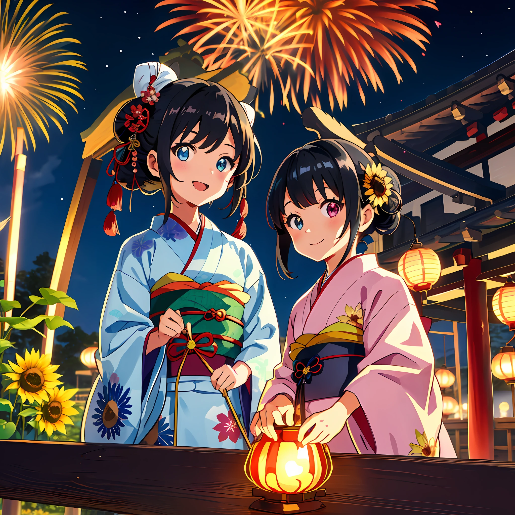 (Chibi: 1.2) Girls, Japan Kimonos, Japan Summer Temple Festival (Festival: 1.4), Lanterns, Night, (Fireworks: 1.4) Focusing on the sky, shrine arches, chibi girls, watching the viewer, smiling, happy "Kyoto Animation" style anime illustrations, top quality, (cute: 1.1), (cute), (high resolution: 1.2), incredibly ridiculous: 1.3, incredibly fine illustrations, cute girls, (heterochromia, light blue eyes and light green eyes), Solo, Standing figure, Happy, :d, Masterpiece, Best quality, Absurdity, High Definition, Official Art, (Cute: 1.8), (Chibi Character: 1.5)), Solo, ((Black hair, bun hair, kanzashi)), Thinning hair, 1 beautiful girl, (Cute: 1.8), Caregiver, Maid, (long yukata, Sunflower illustration, indigo blue, luxury obi)), watch viewer, front, princess eyes,, from the front, Japan festival, night house, cute geta, deformed characters, goldfish drawstring
