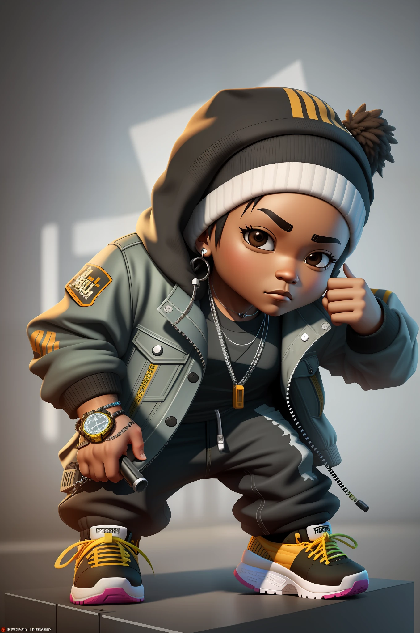 Create a 12K resolution of a 3D [gritty Hip Hop] chibi style character in detailed full body, highly detailed, vibrant, ultra high quality, Hyperrealism, Photorealism, [octane render]