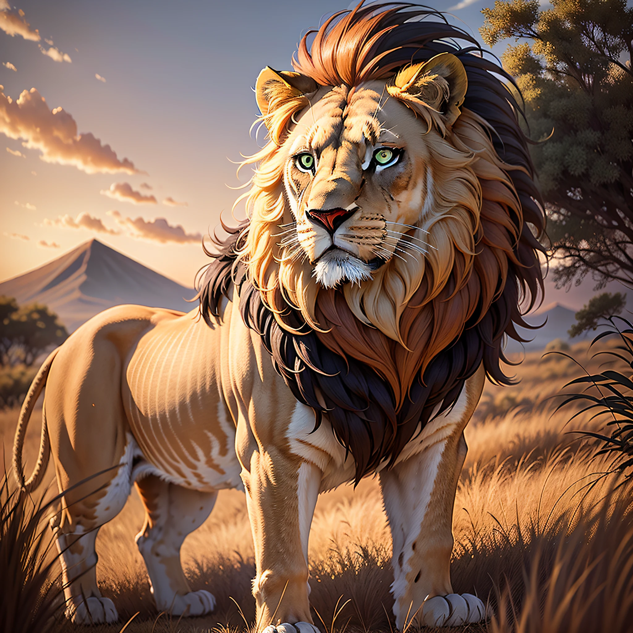 A majestic and regal lion, its golden mane flowing in the wind as it prowls through the tall grass of the savannah. In the distance, the setting sun paints the sky in shades of fiery orange and deep purple, casting a warm and welcoming glow across the African landscape.