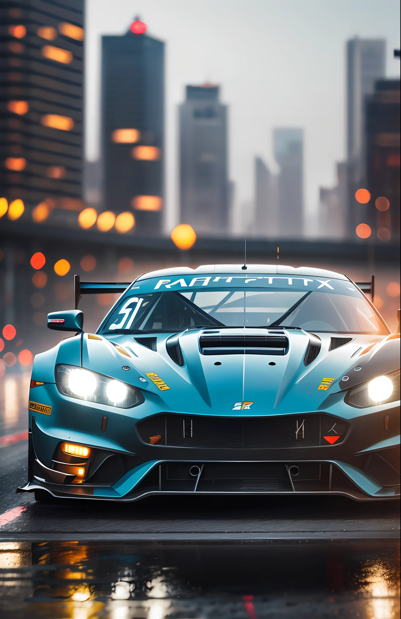 Race car in a city with detailed wet track, reflection, cinematic light, 8k, UHD, severe low lighting, RTX, cinematic, high quality, sharp focus, Fujifilm XT3, Greg Rutkowski --auto --s2