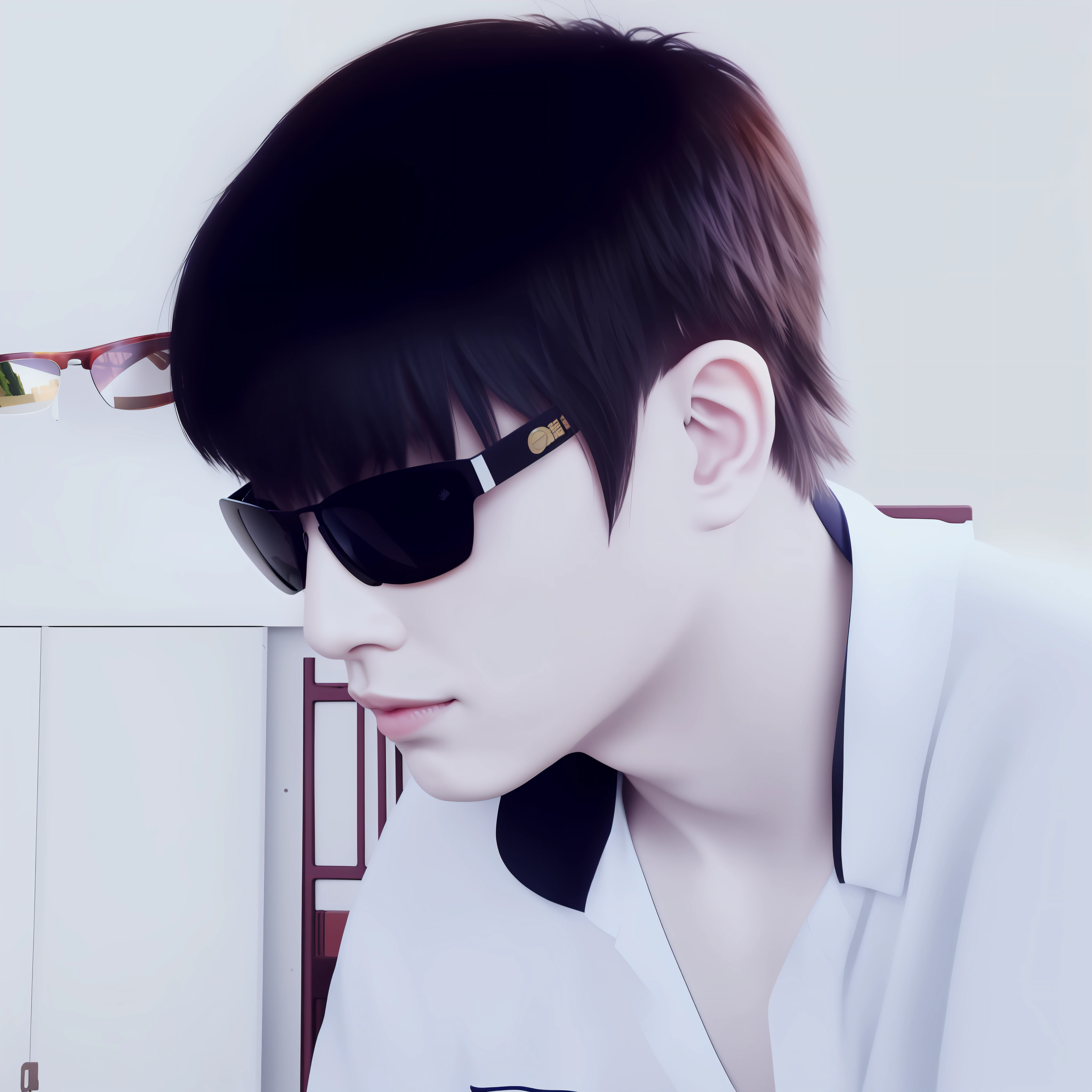 There is a man wearing sunglasses looking at his mobile phone, wearing sunglasses, male Wuerzang, Kanliu666, short hair, fluffy shadow, Chen Xintong, avatar 1024px, inspired by Xia Yong, Hong Junheng, Leng Jun, inspired by Xiao Yuncong, Dang Meilin, Yan, black background, clear details,